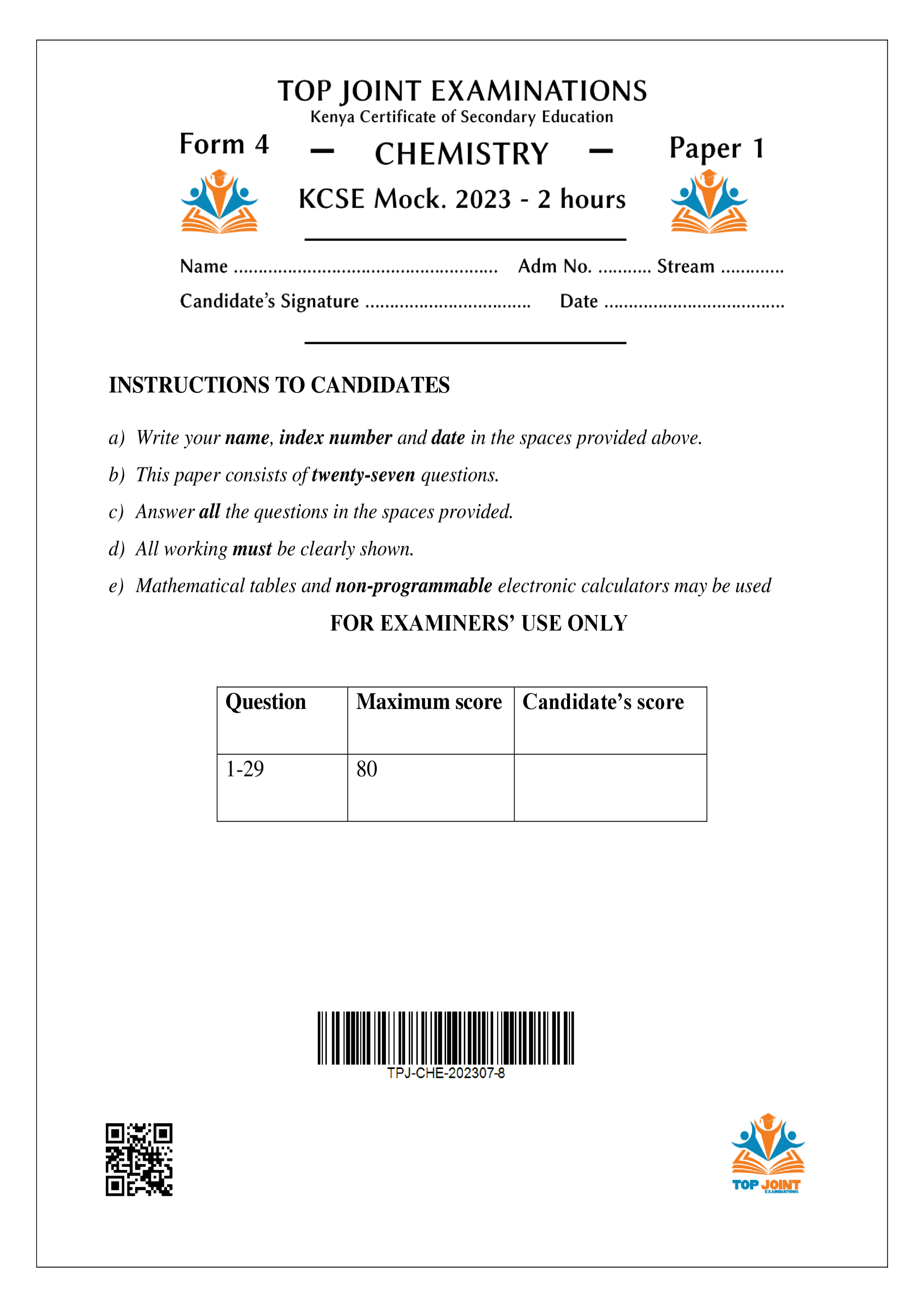 CHEMISTRY FORM 4 PAPER 1 KCSE MOCK 2023