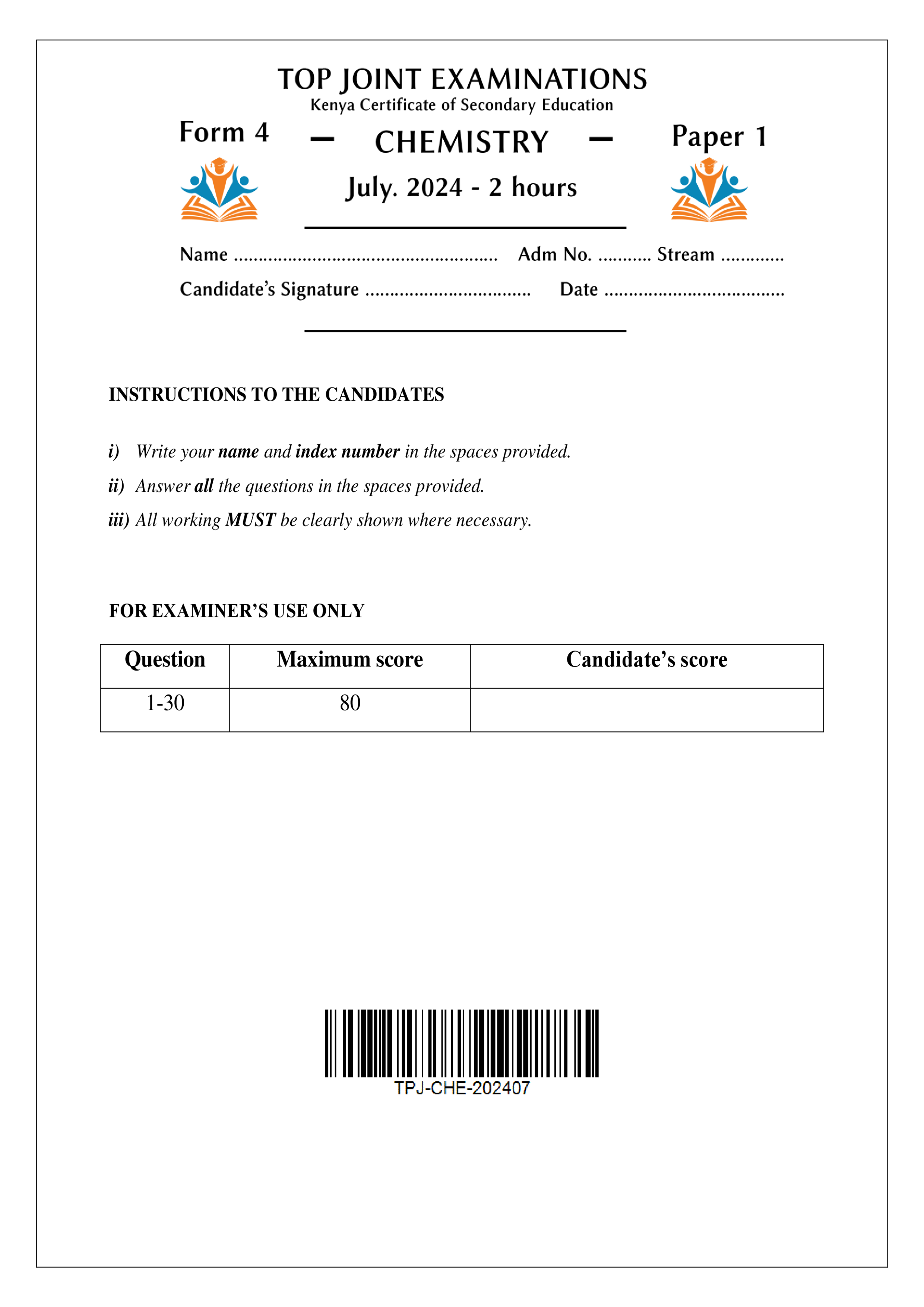 CHEMISTRY FORM 4 PAPER 1 KCSE MOCK 2024
