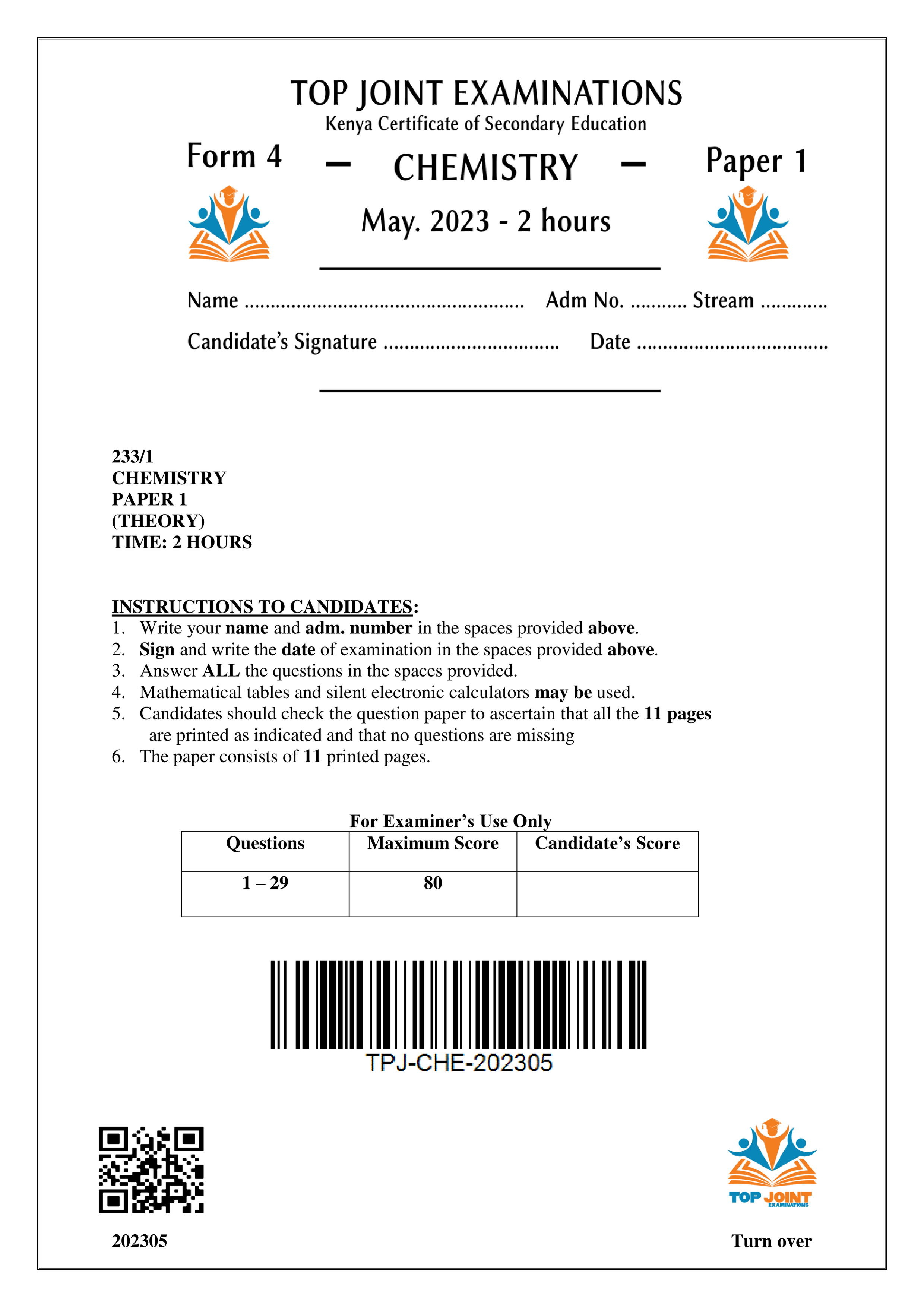 CHEMISTRY FORM 4 PAPER 1 OPENER TERM 2 2023