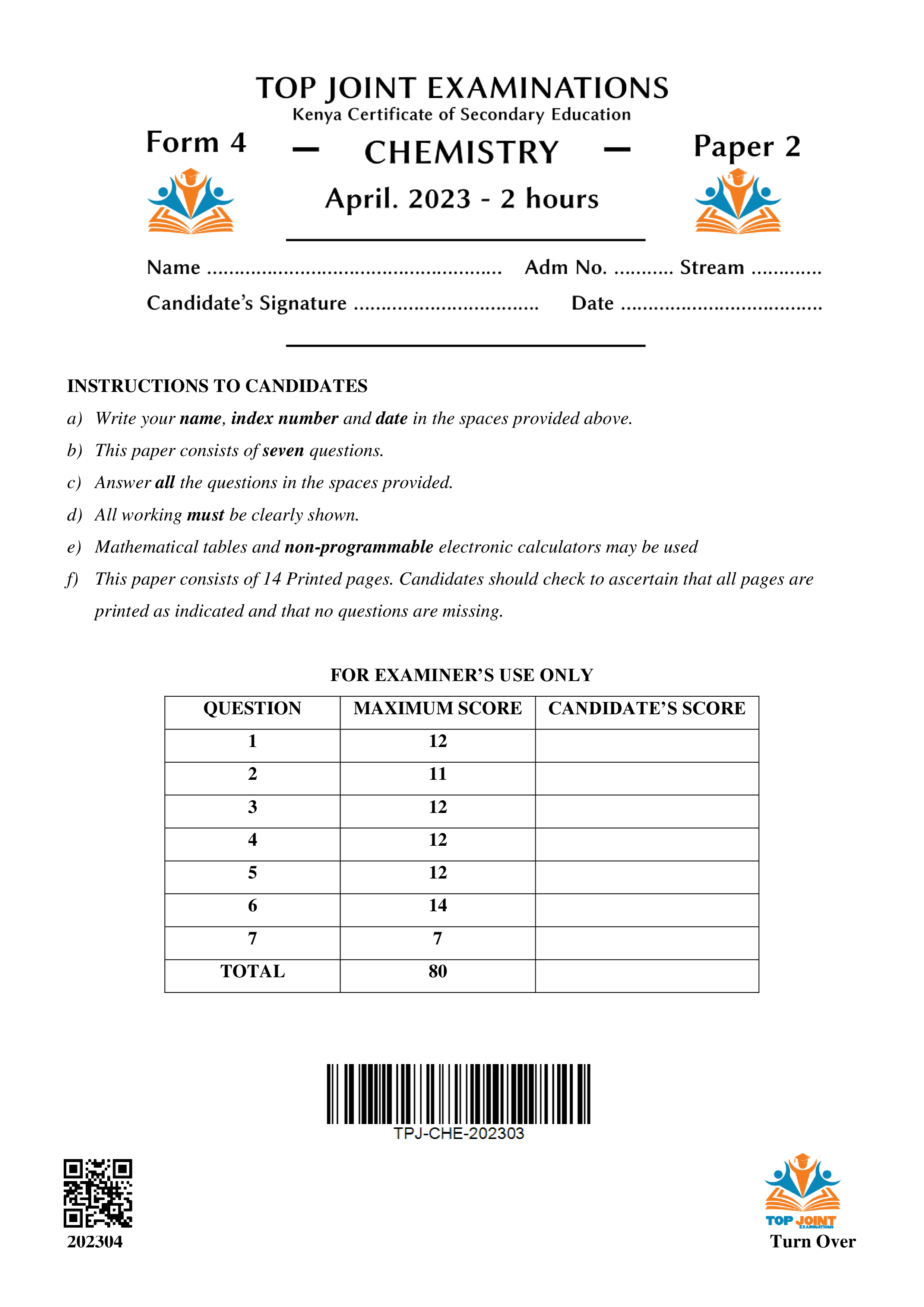 CHEMISTRY FORM 4 PAPER 2 END TERM 1 2023