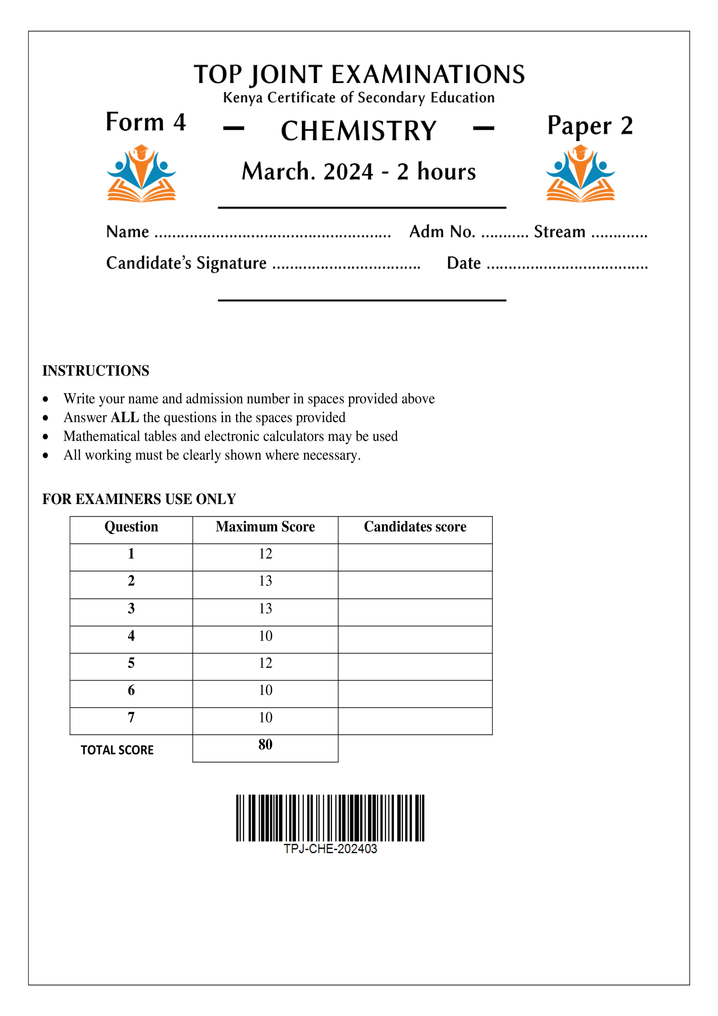 CHEMISTRY FORM 4 PAPER 2 END TERM 1 2024
