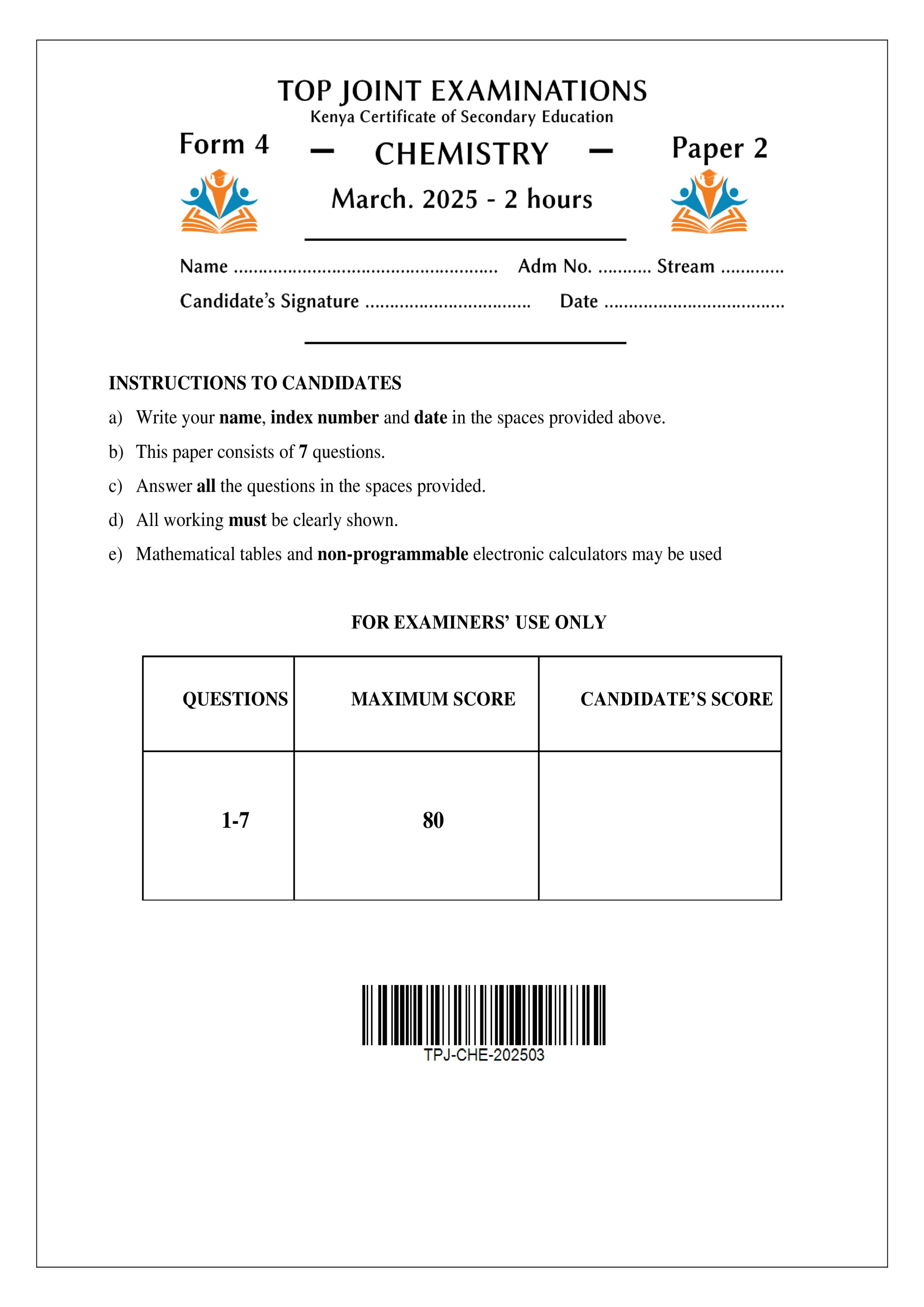 CHEMISTRY FORM 4 PAPER 2 END TERM 1 2025