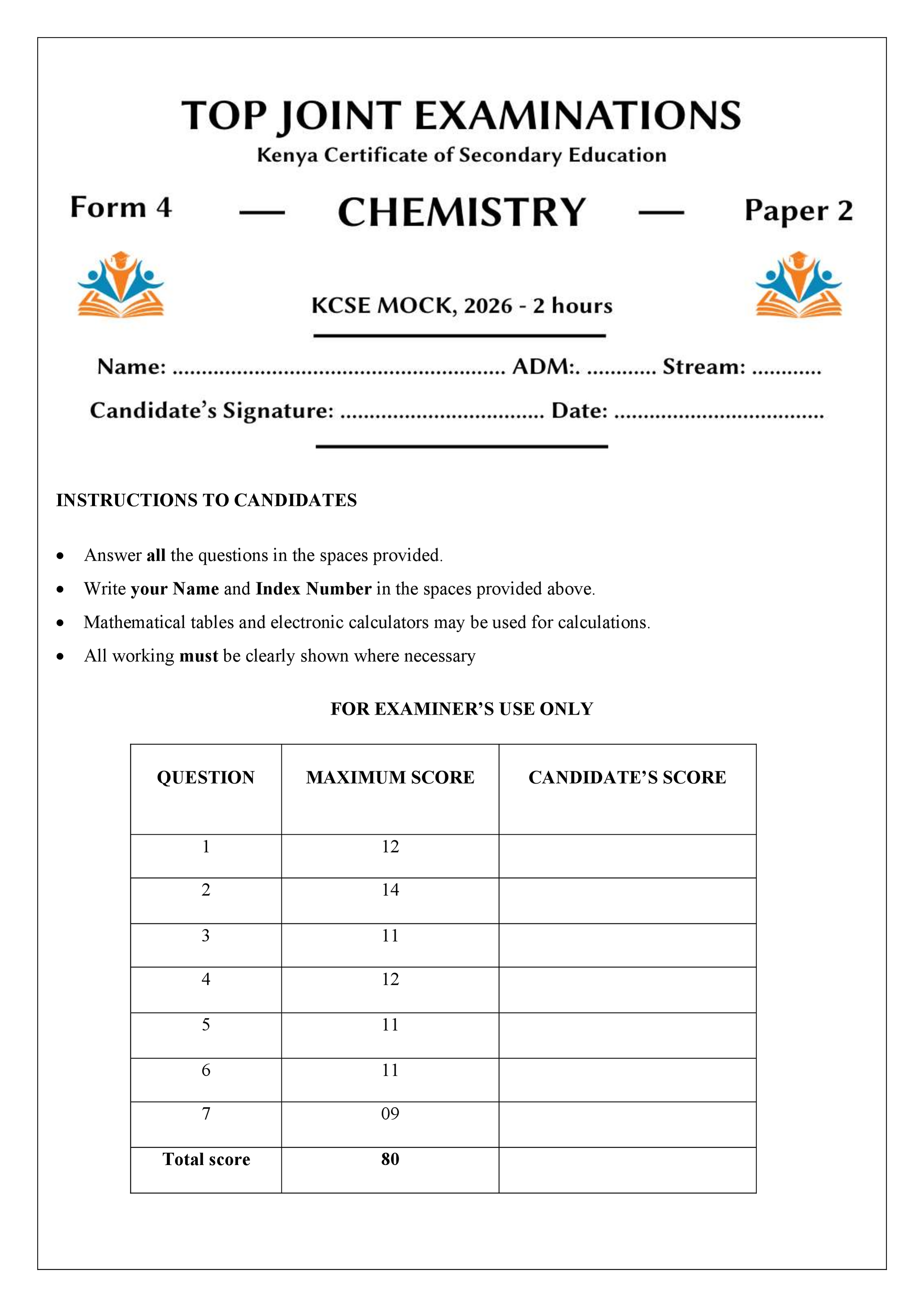 CHEMISTRY FORM 4 PAPER 2 END TERM 1 2026