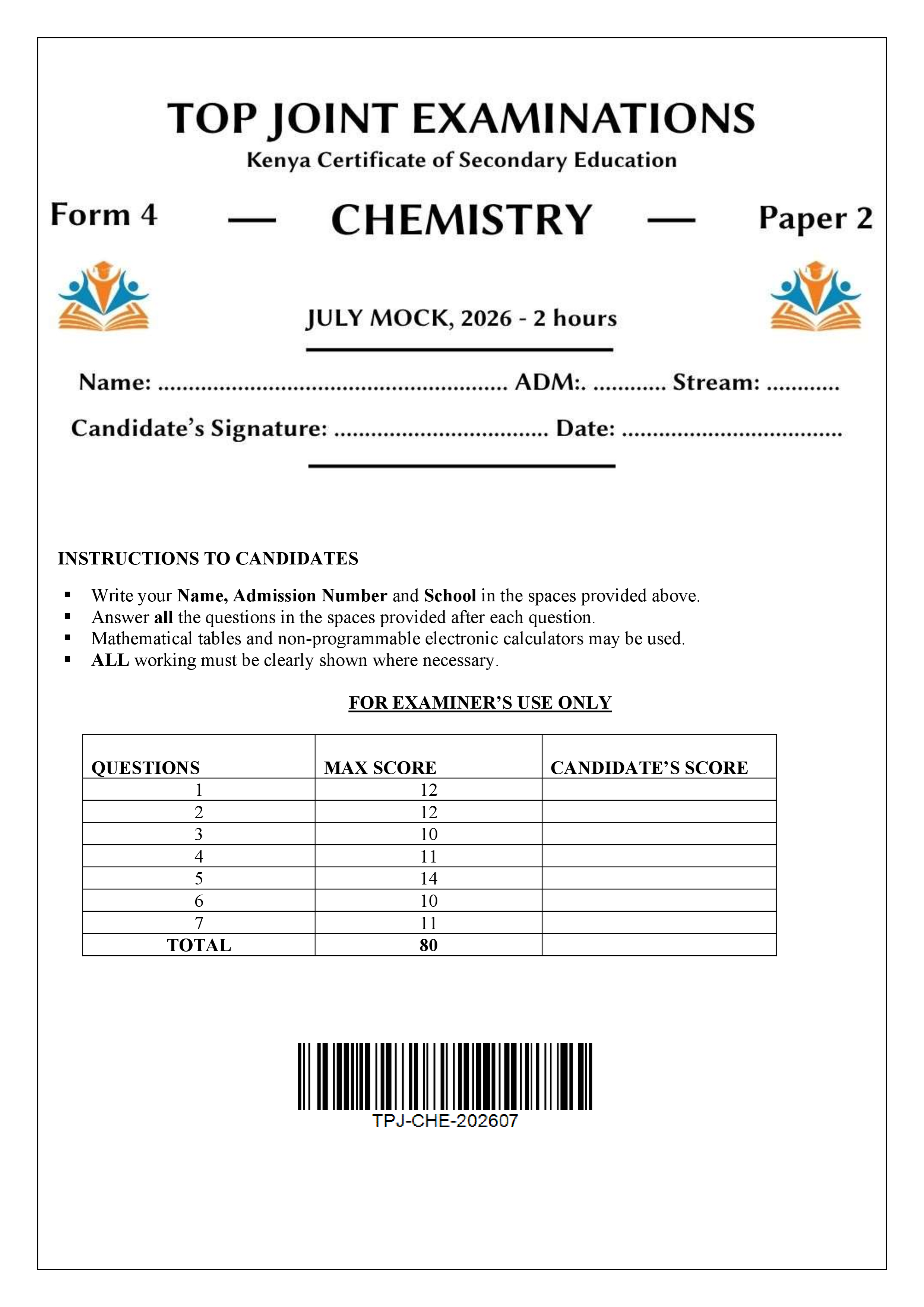 CHEMISTRY FORM 4 PAPER 2 END TERM 2 2026
