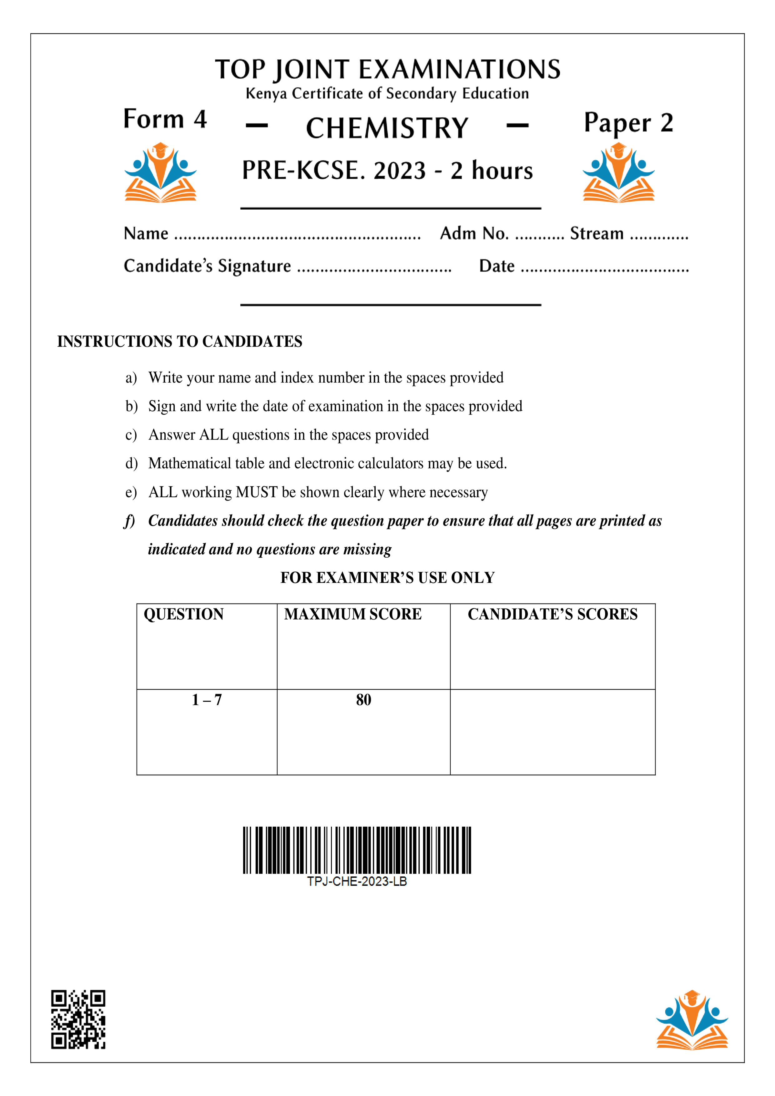 CHEMISTRY FORM 4 PAPER 2 PRE-KCSE 2023