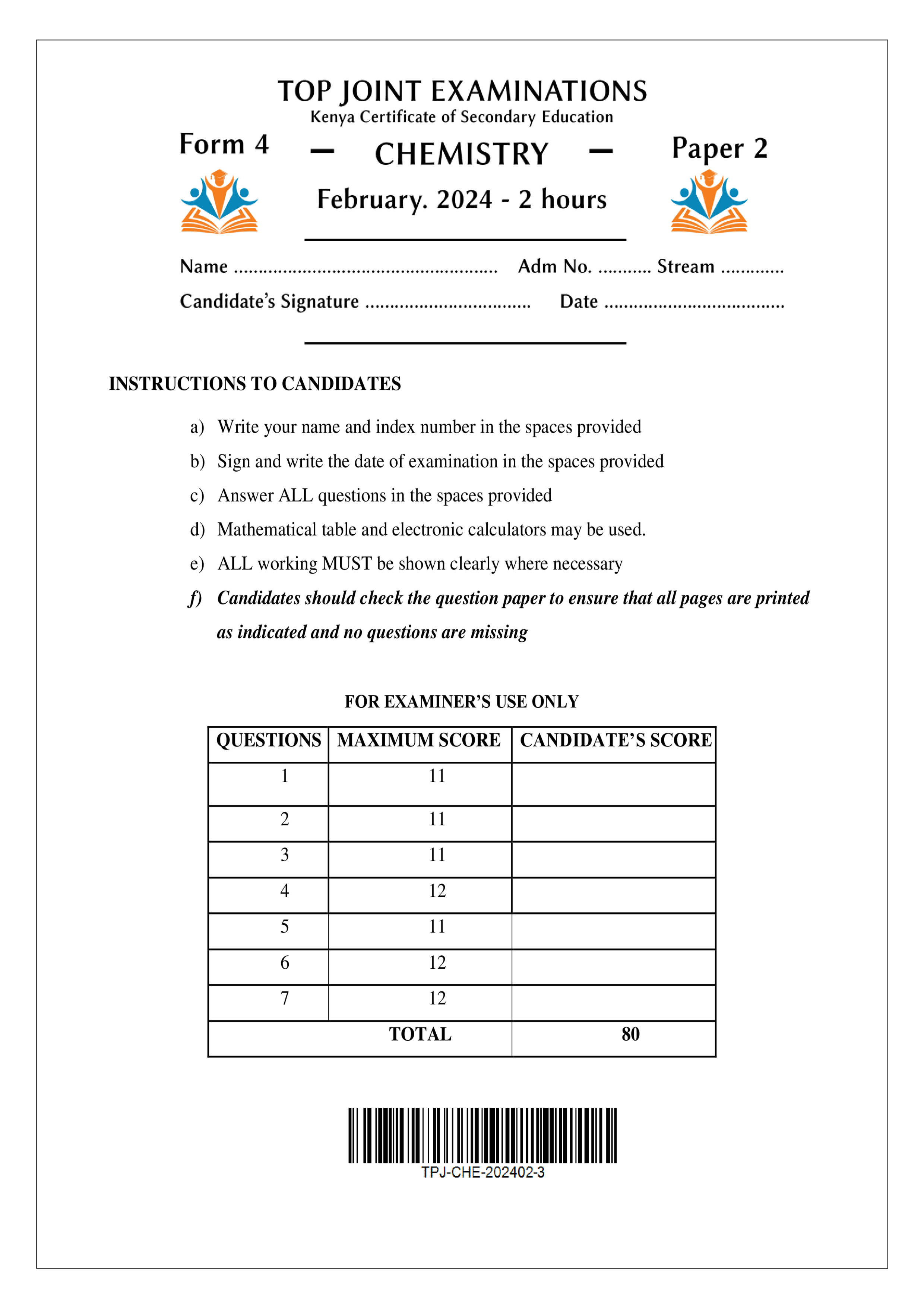 CHEMISTRY FORM 4 PAPER 2 MID TERM 1 2024