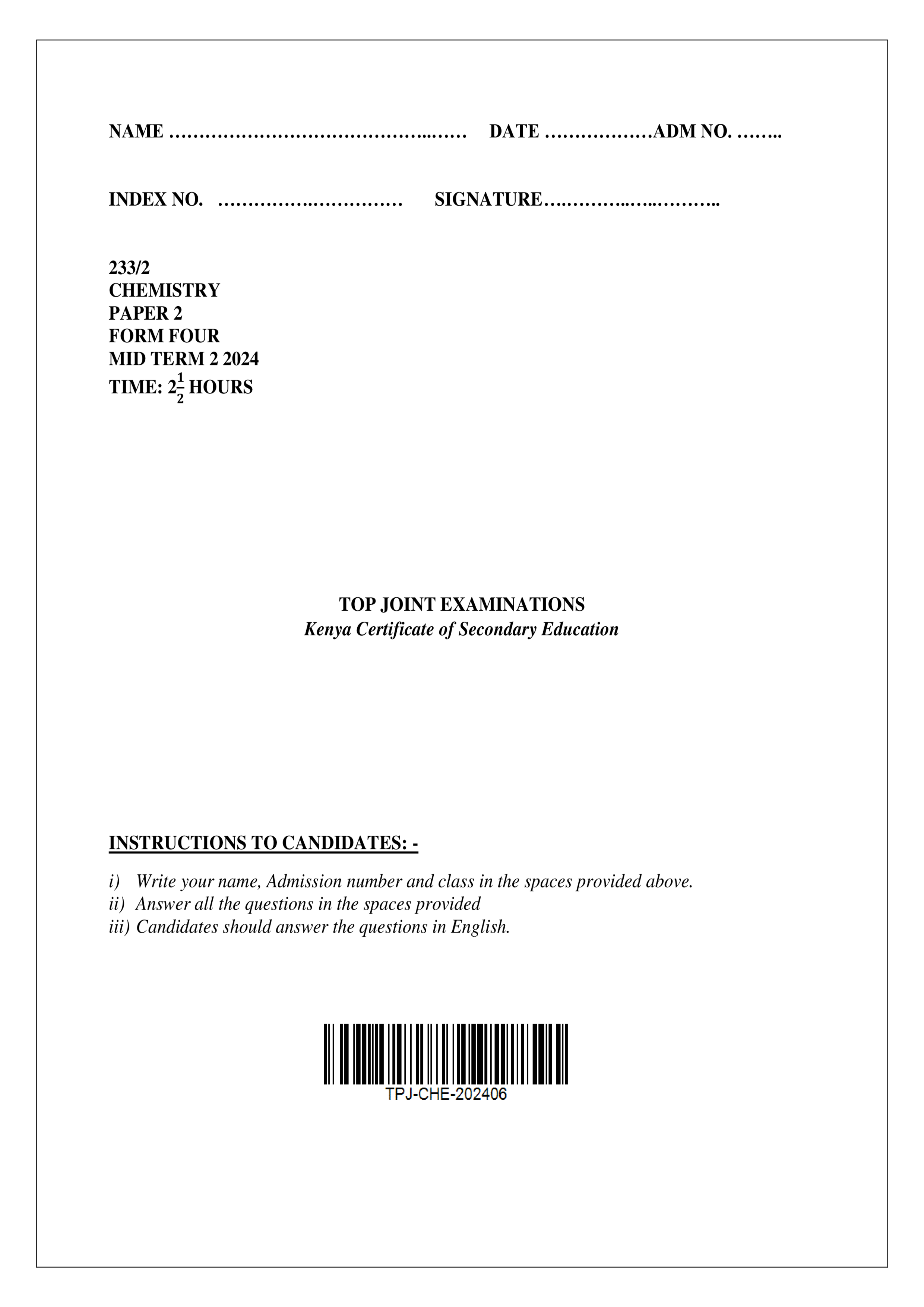 CHEMISTRY FORM 4 PAPER 2 MID TERM 2 2024