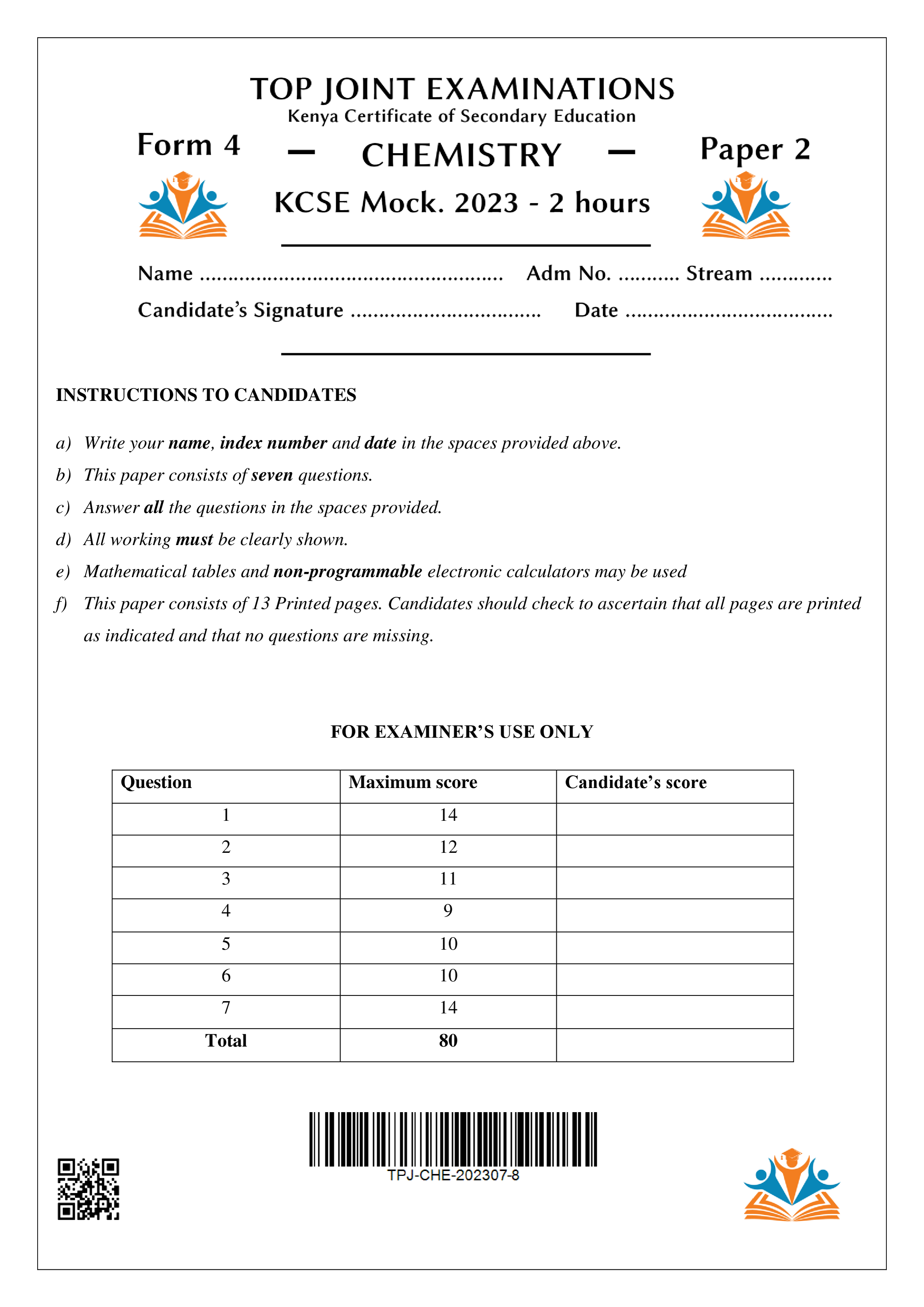 CHEMISTRY FORM 4 PAPER 2 KCSE MOCK 2023
