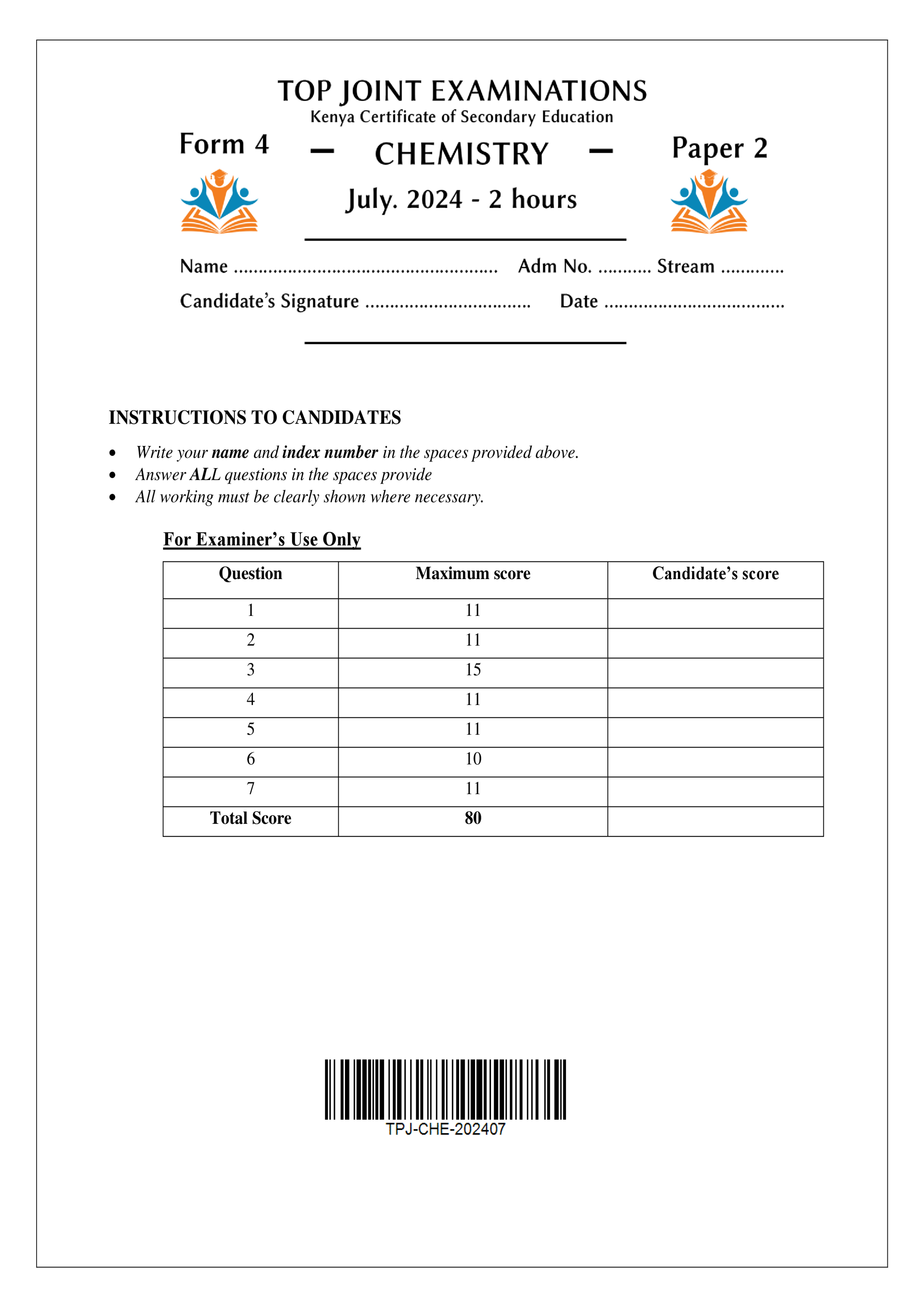 CHEMISTRY FORM 4 PAPER 2 KCSE MOCK 2024