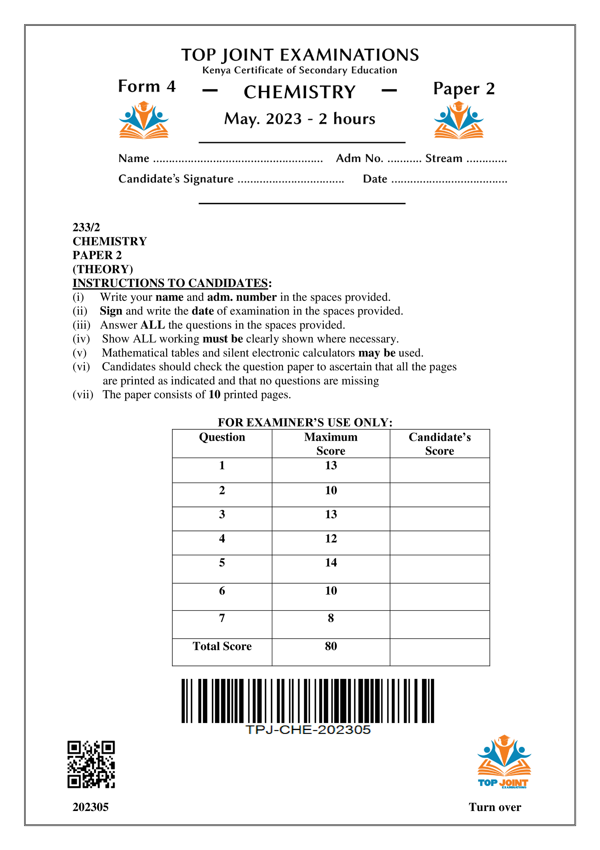 CHEMISTRY FORM 4 PAPER 2 OPENER TERM 2 2023