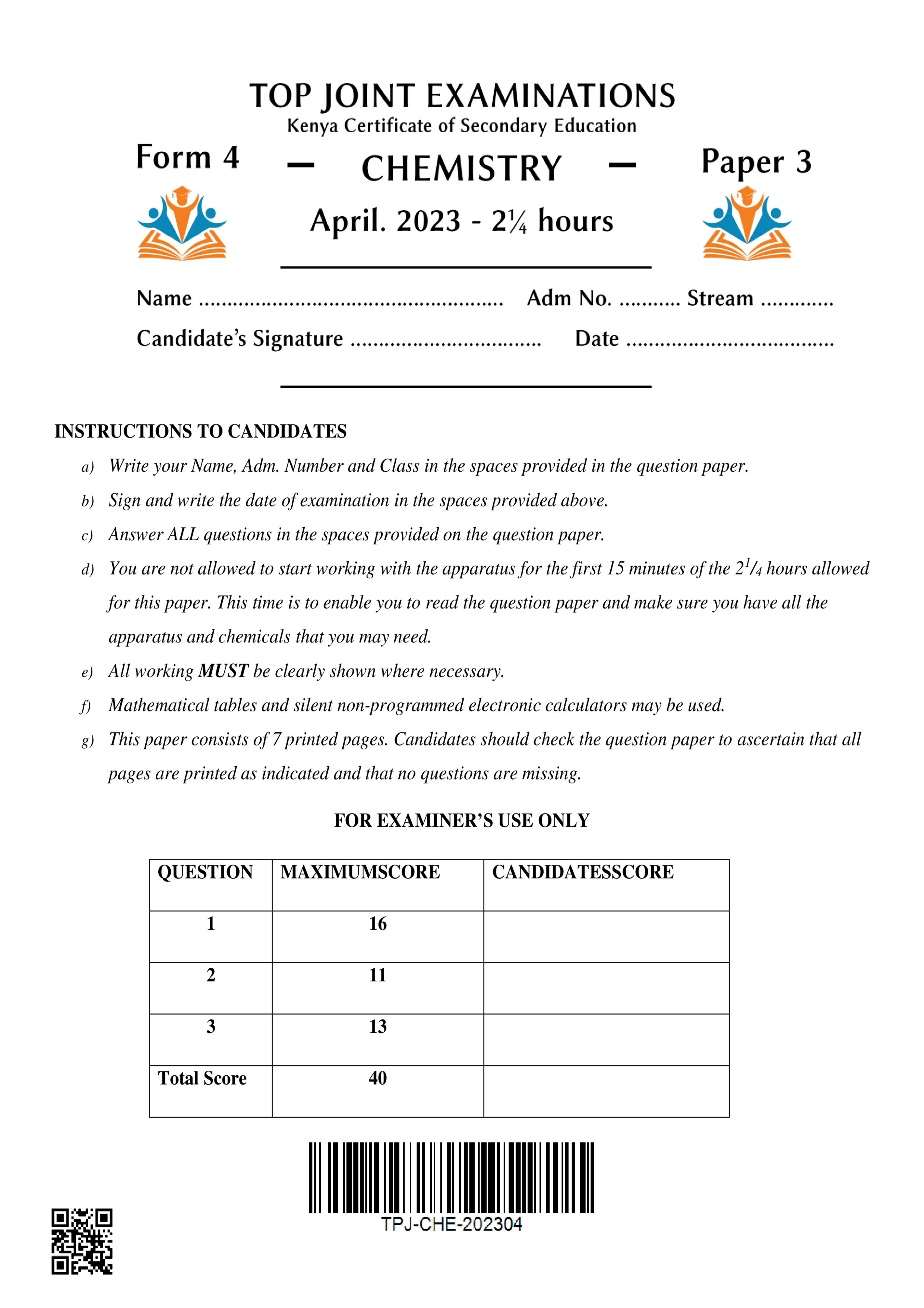 CHEMISTRY FORM 4 PAPER 3 END TERM 1 2023