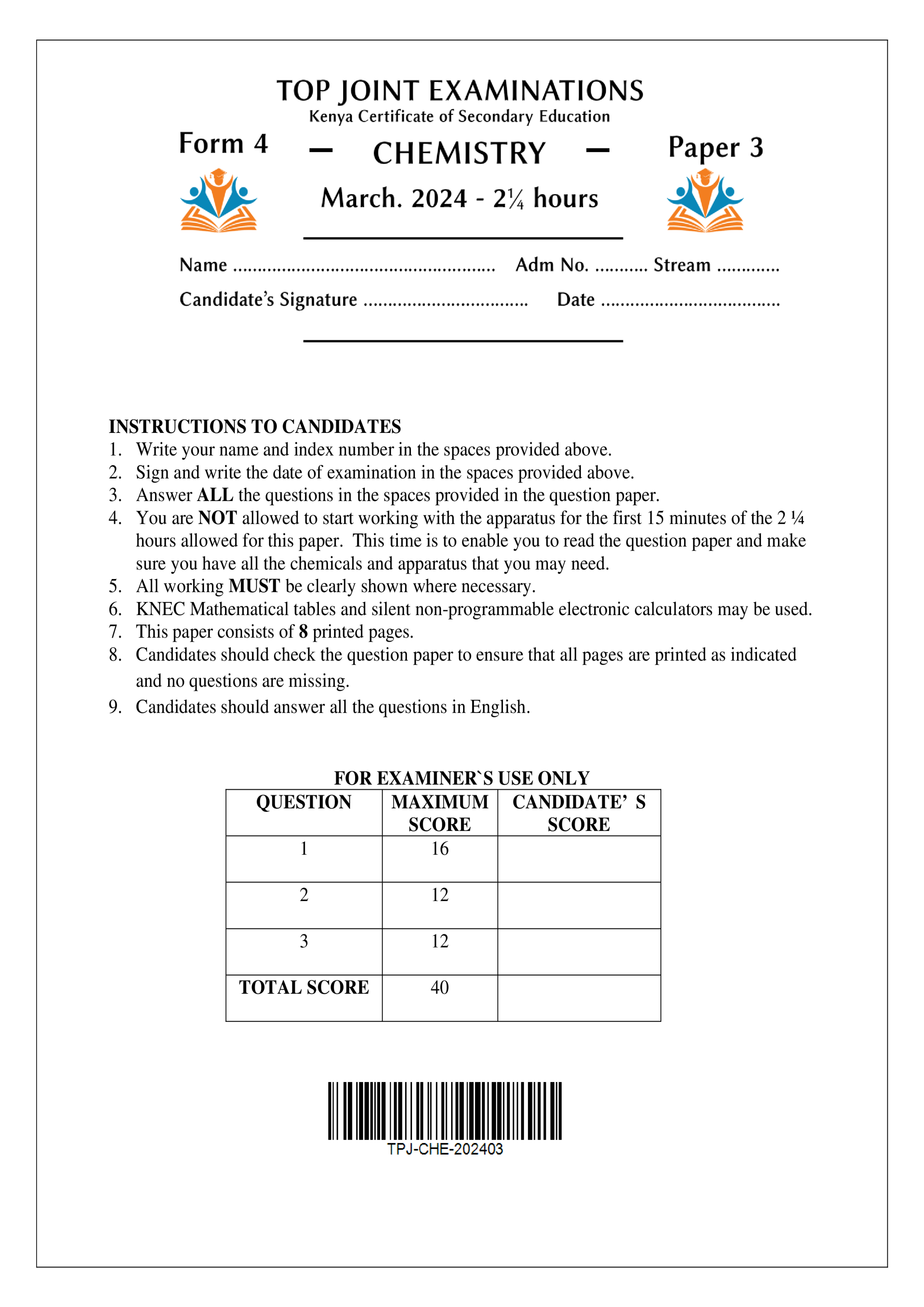 CHEMISTRY FORM 4 PAPER 3 END TERM 1 2024