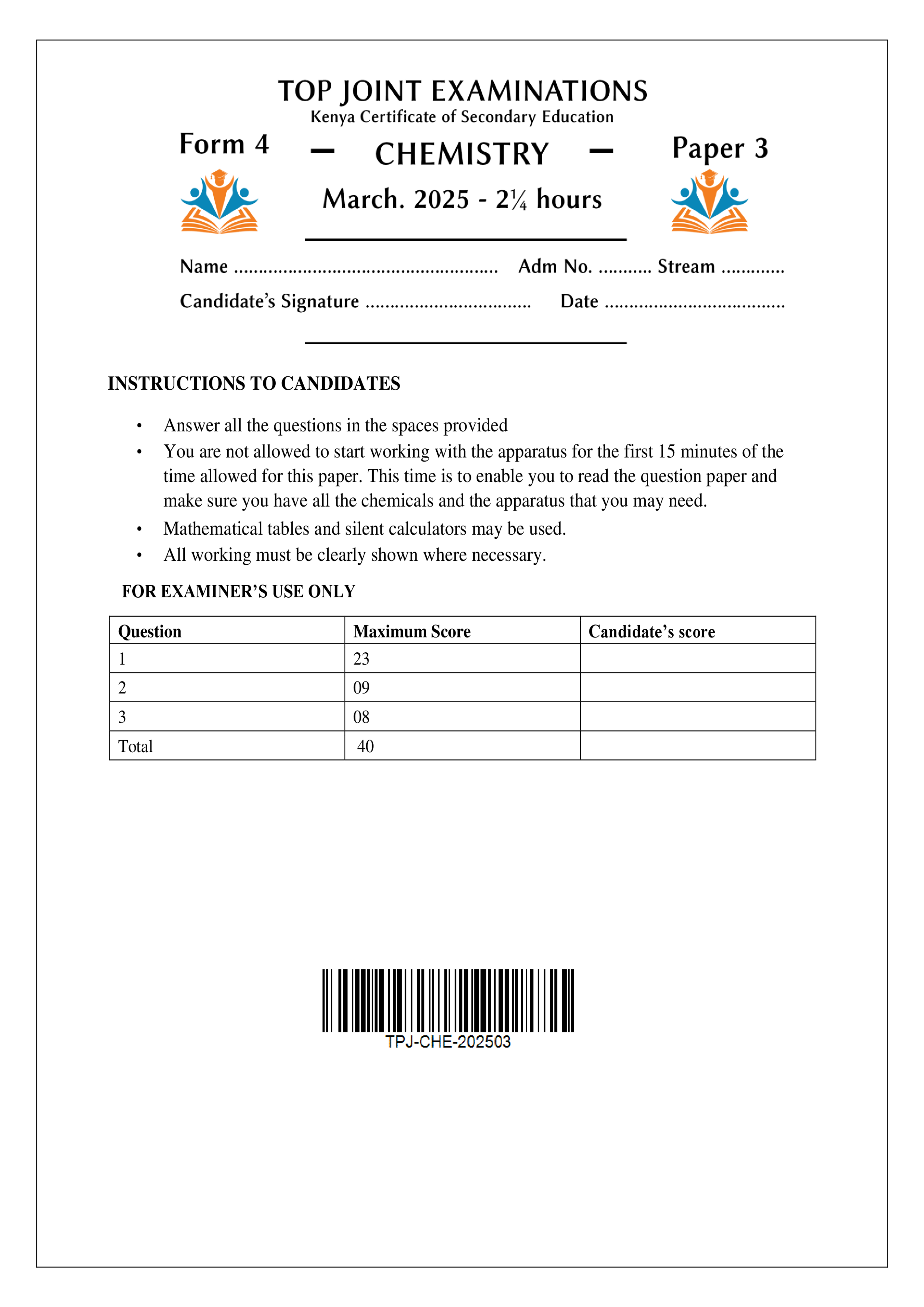 CHEMISTRY FORM 4 PAPER 3 END TERM 1 2025