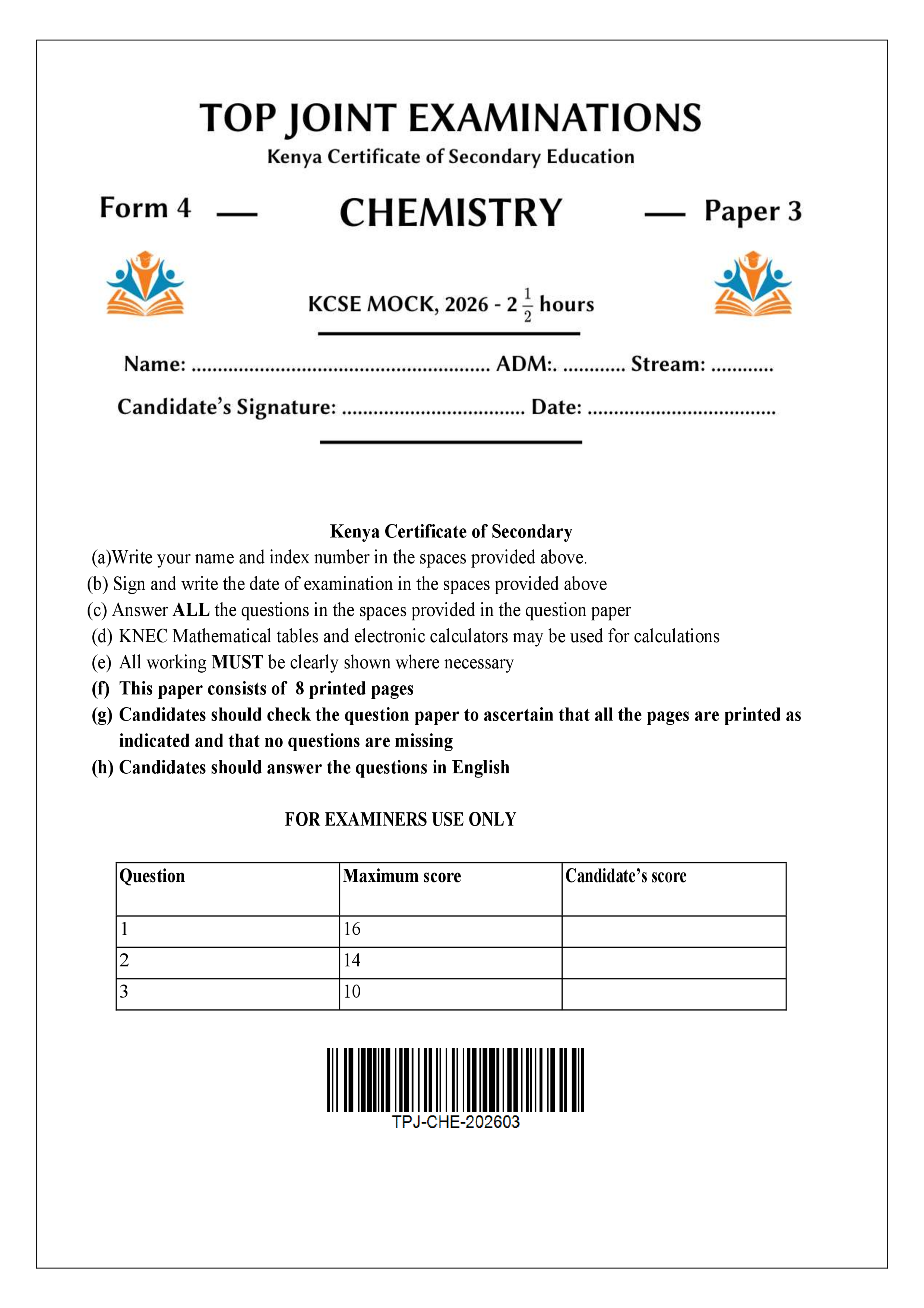 CHEMISTRY FORM 4 PAPER 3 END TERM 1 2026