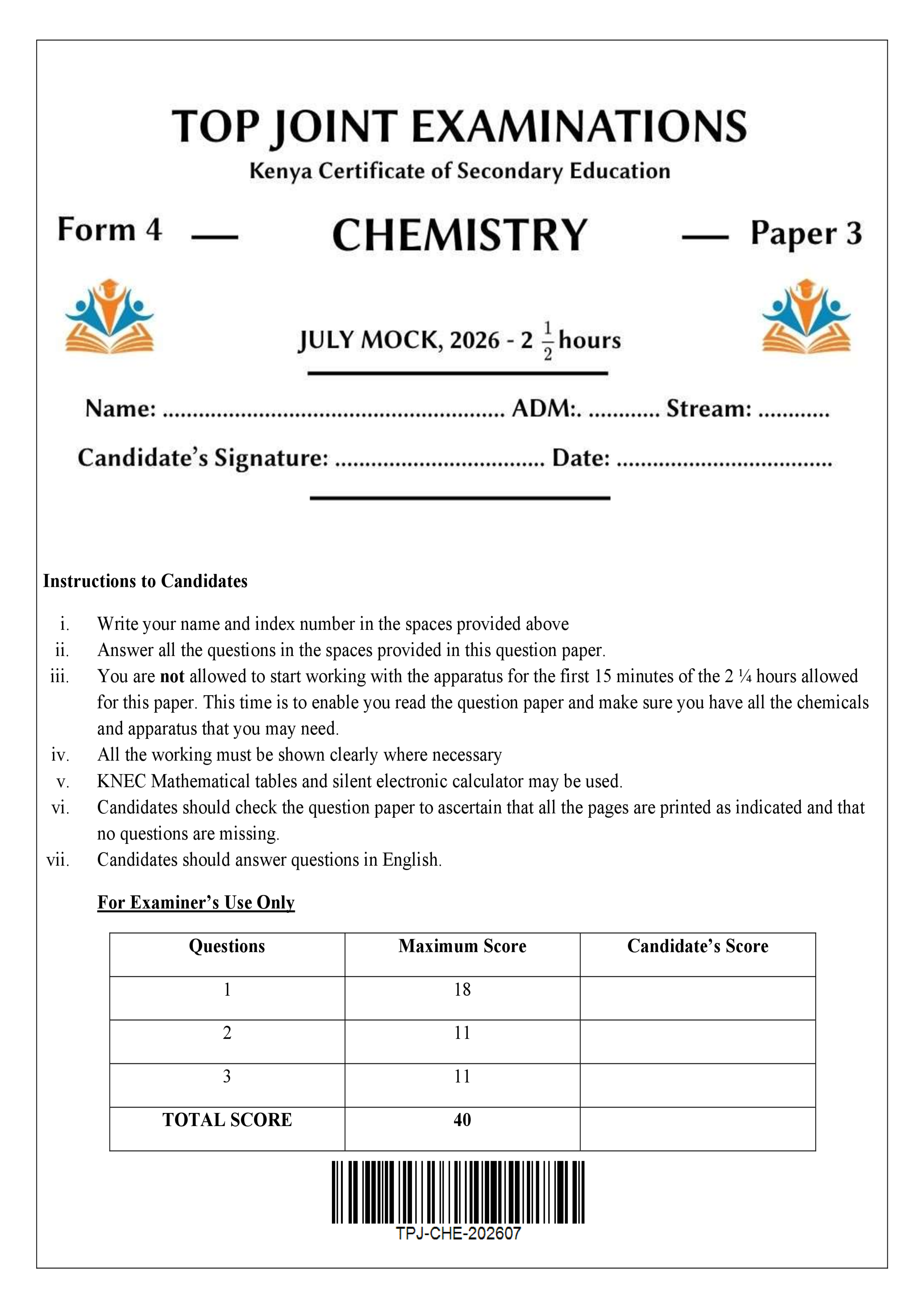 CHEMISTRY FORM 4 PAPER 3 END TERM 2 2026