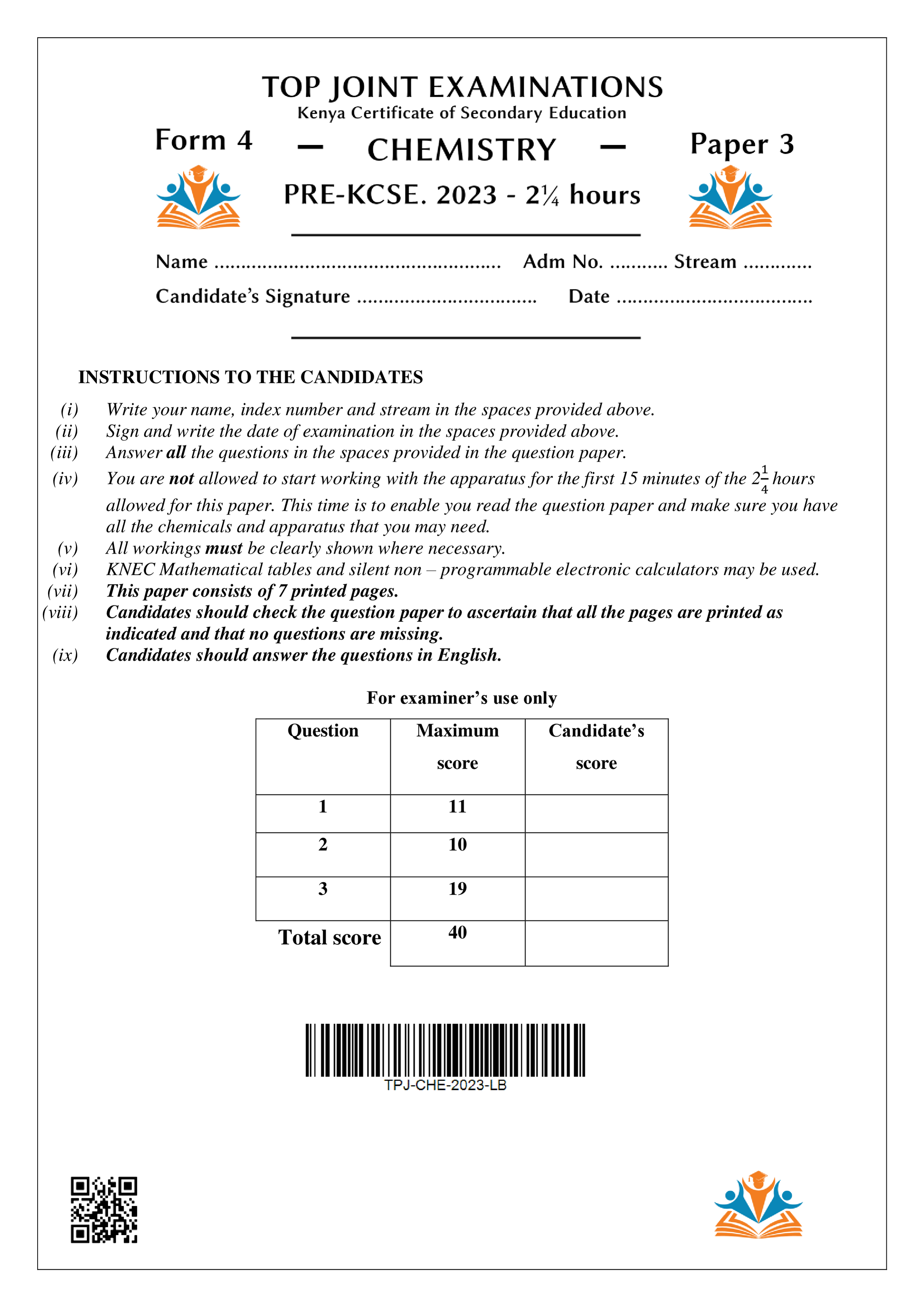 CHEMISTRY FORM 4 PAPER 3 PRE-KCSE 2023
