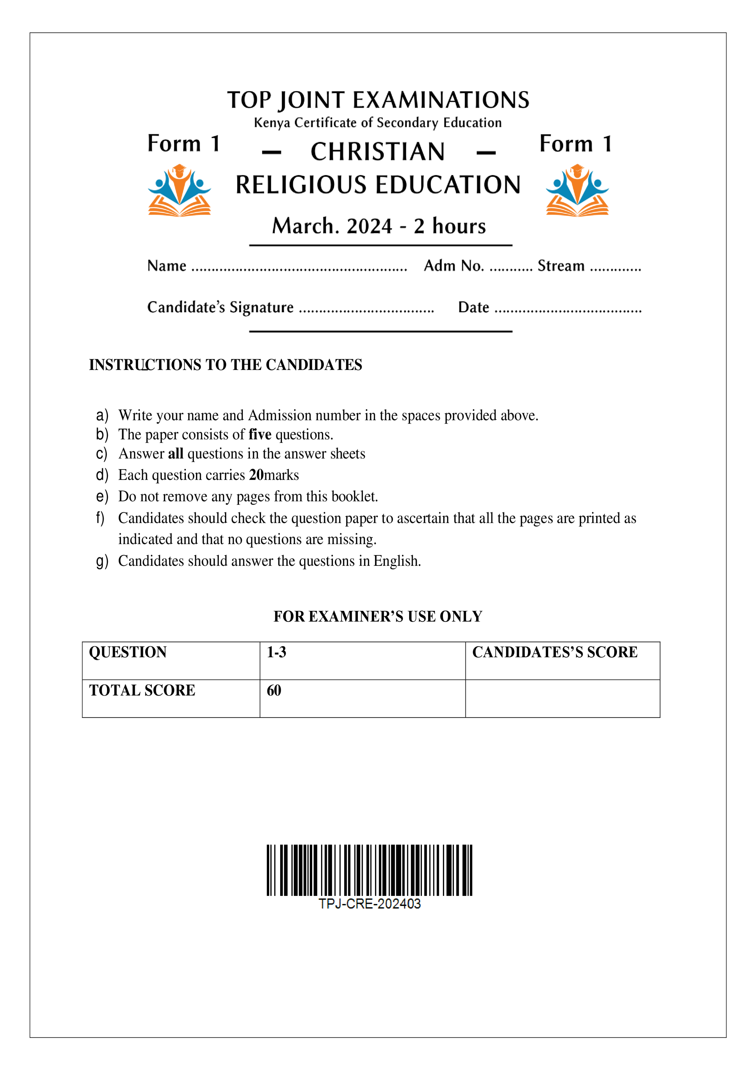 CRE FORM 1 END TERM 1 2024