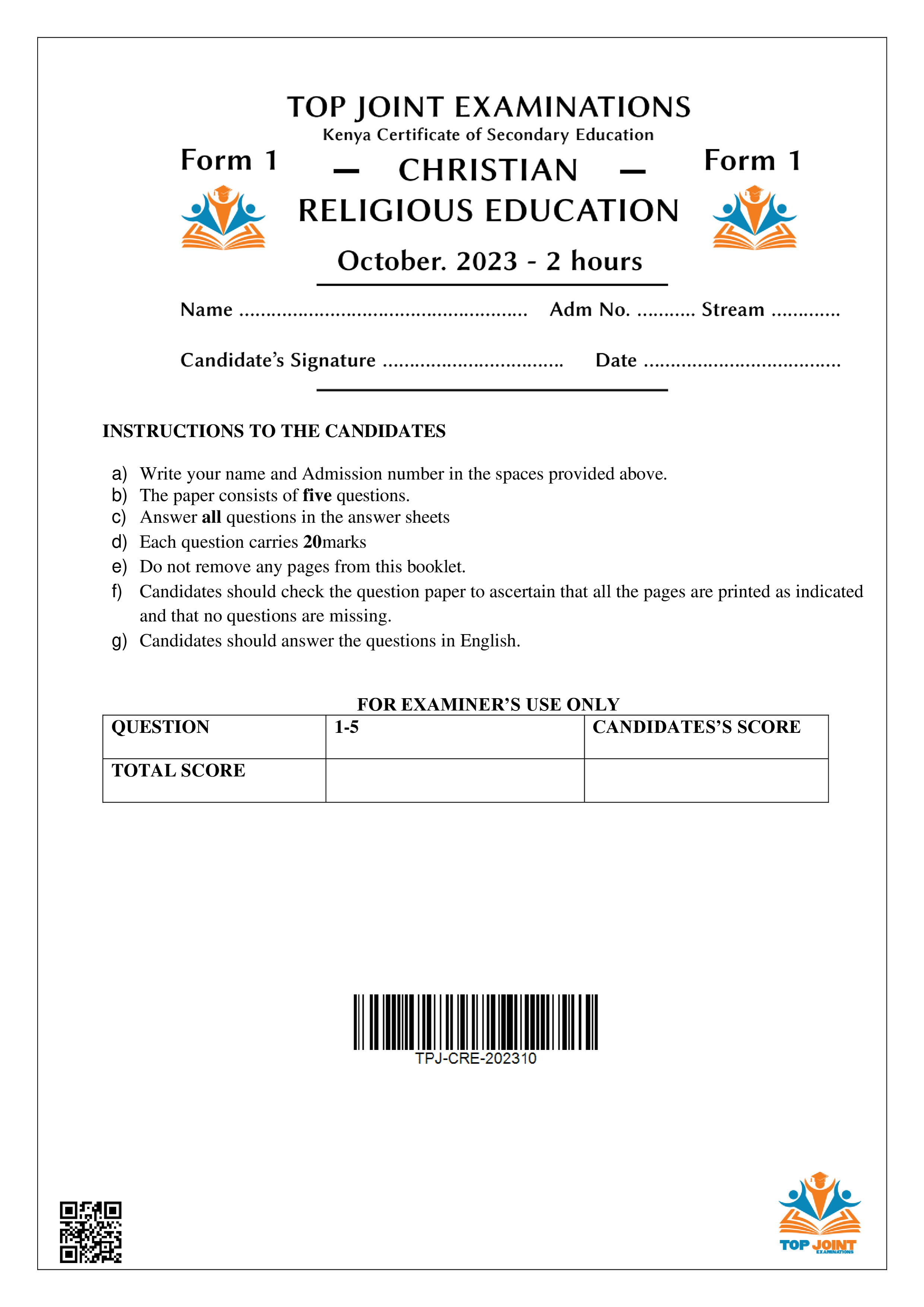 CRE FORM 1 END TERM 3 2023