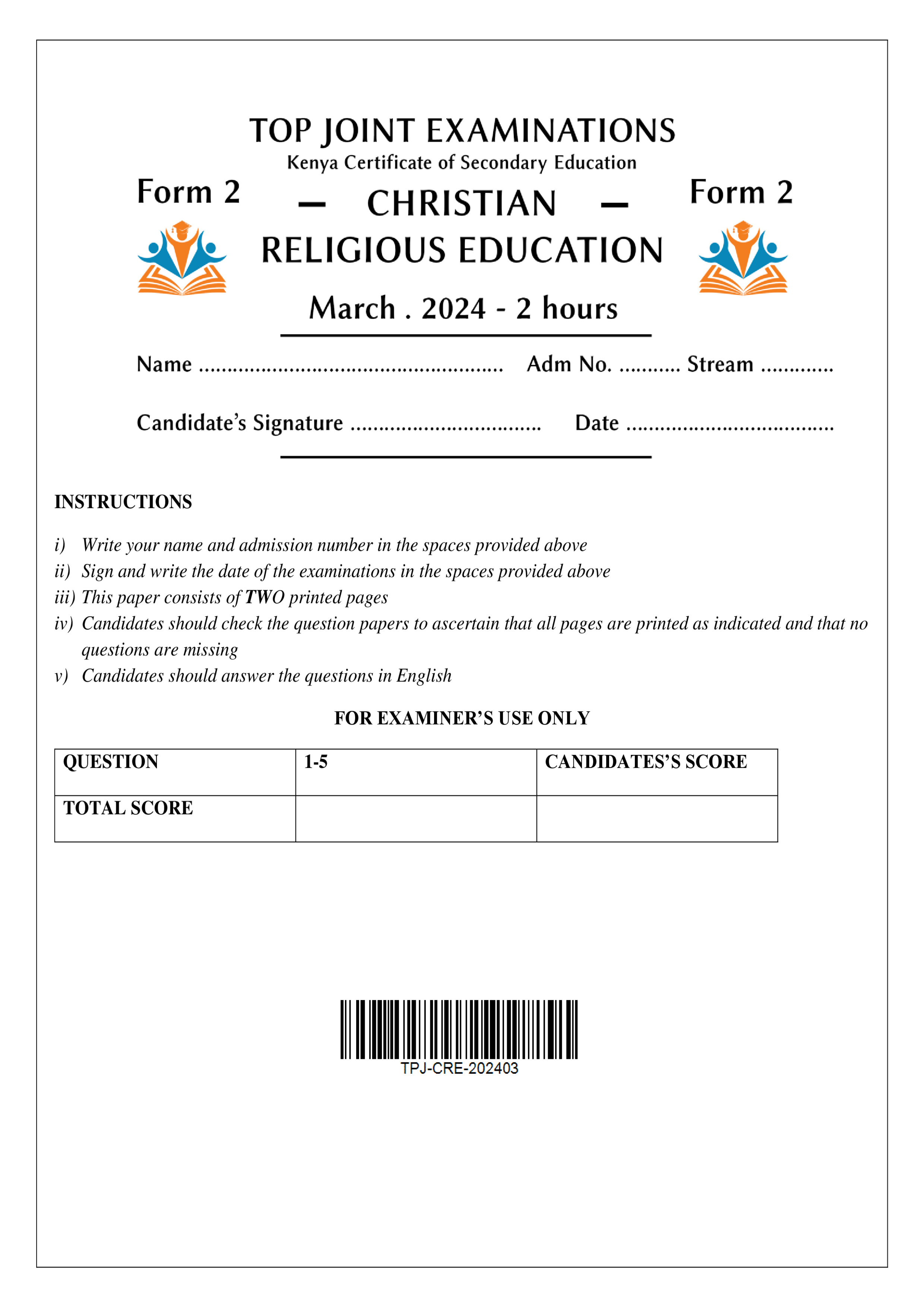 CRE FORM 2 END TERM 1 2024