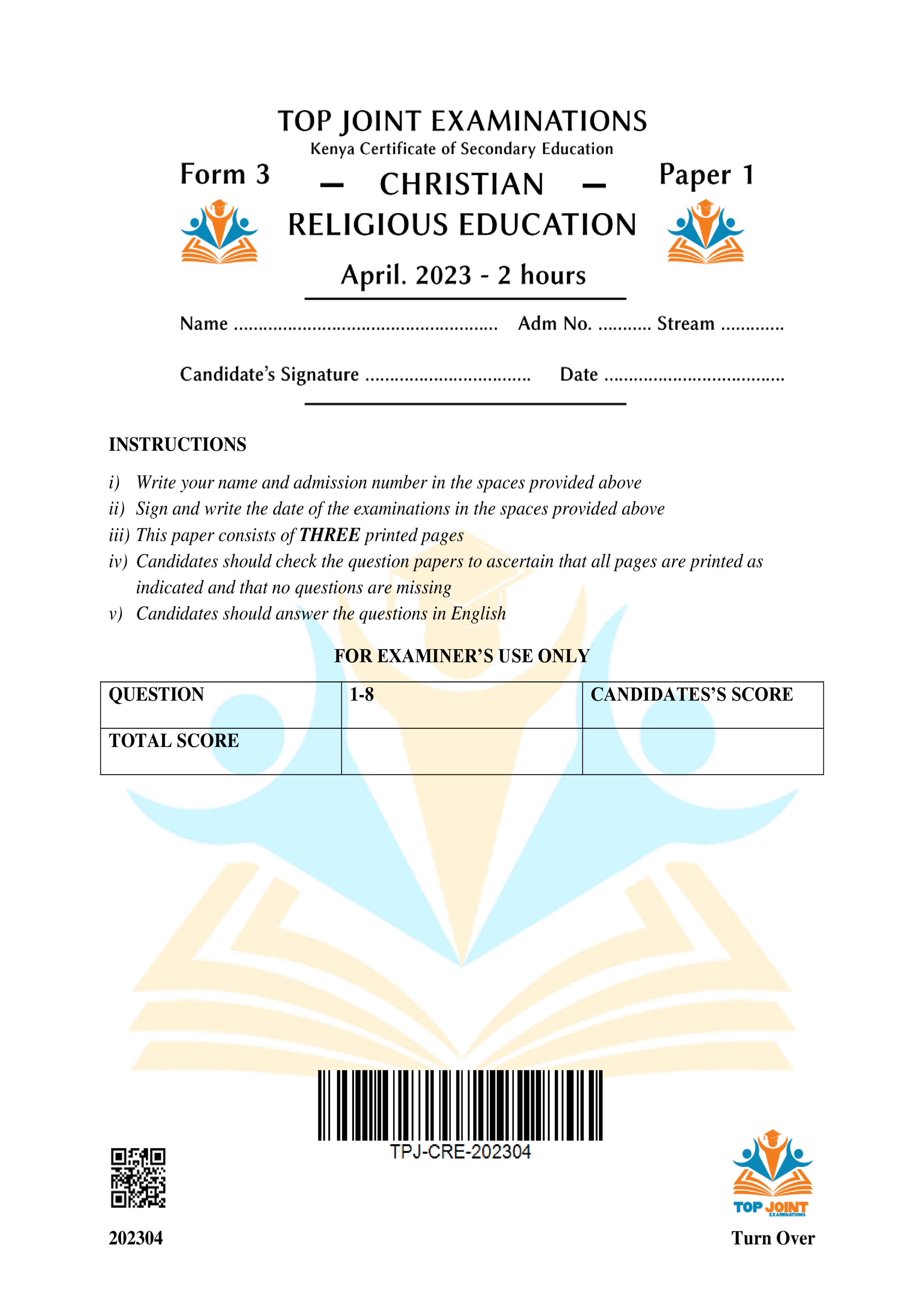 CRE FORM 3 PAPER 1 END TERM 1 2023