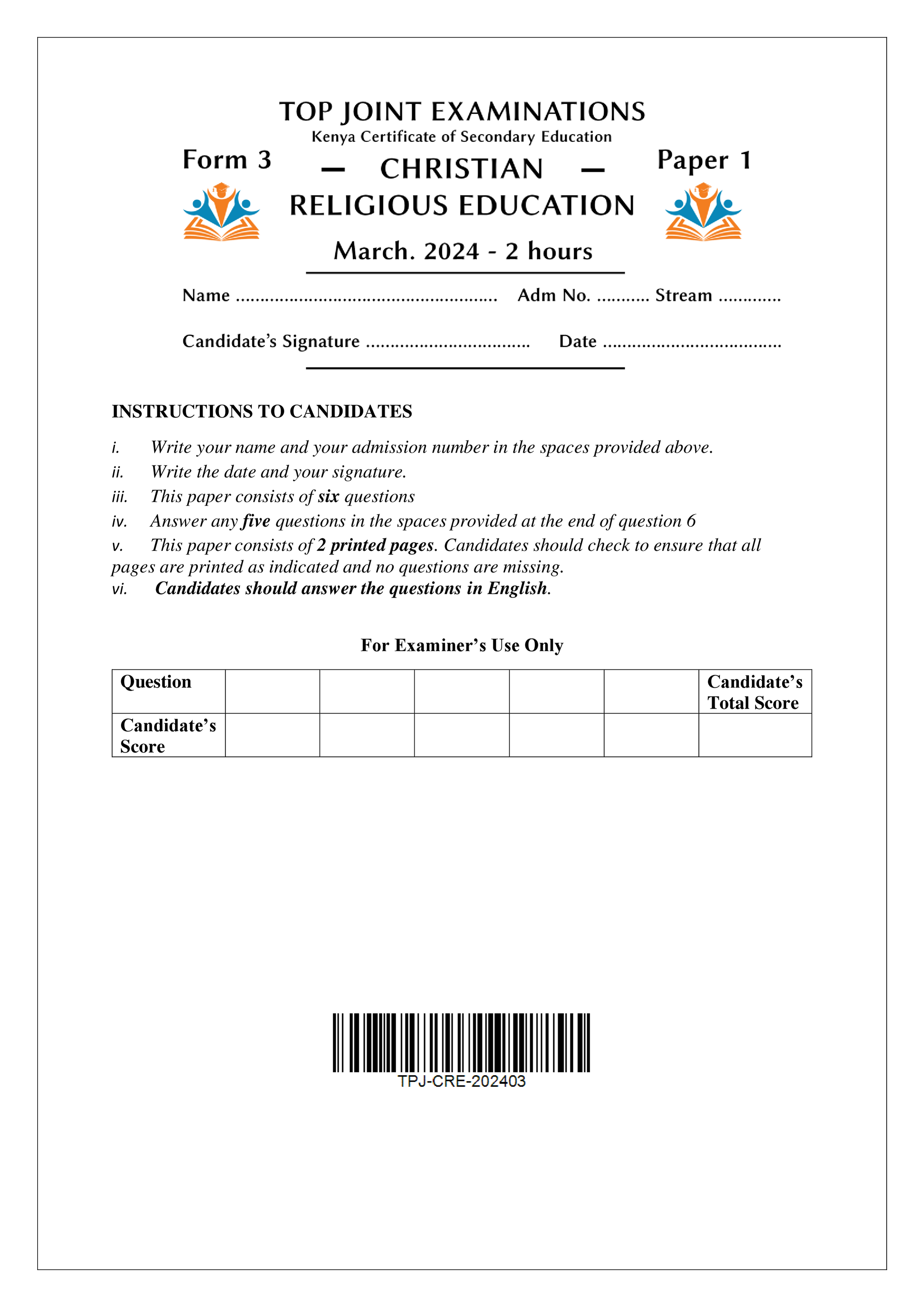 CRE FORM 3 PAPER 1 END TERM 1 2024