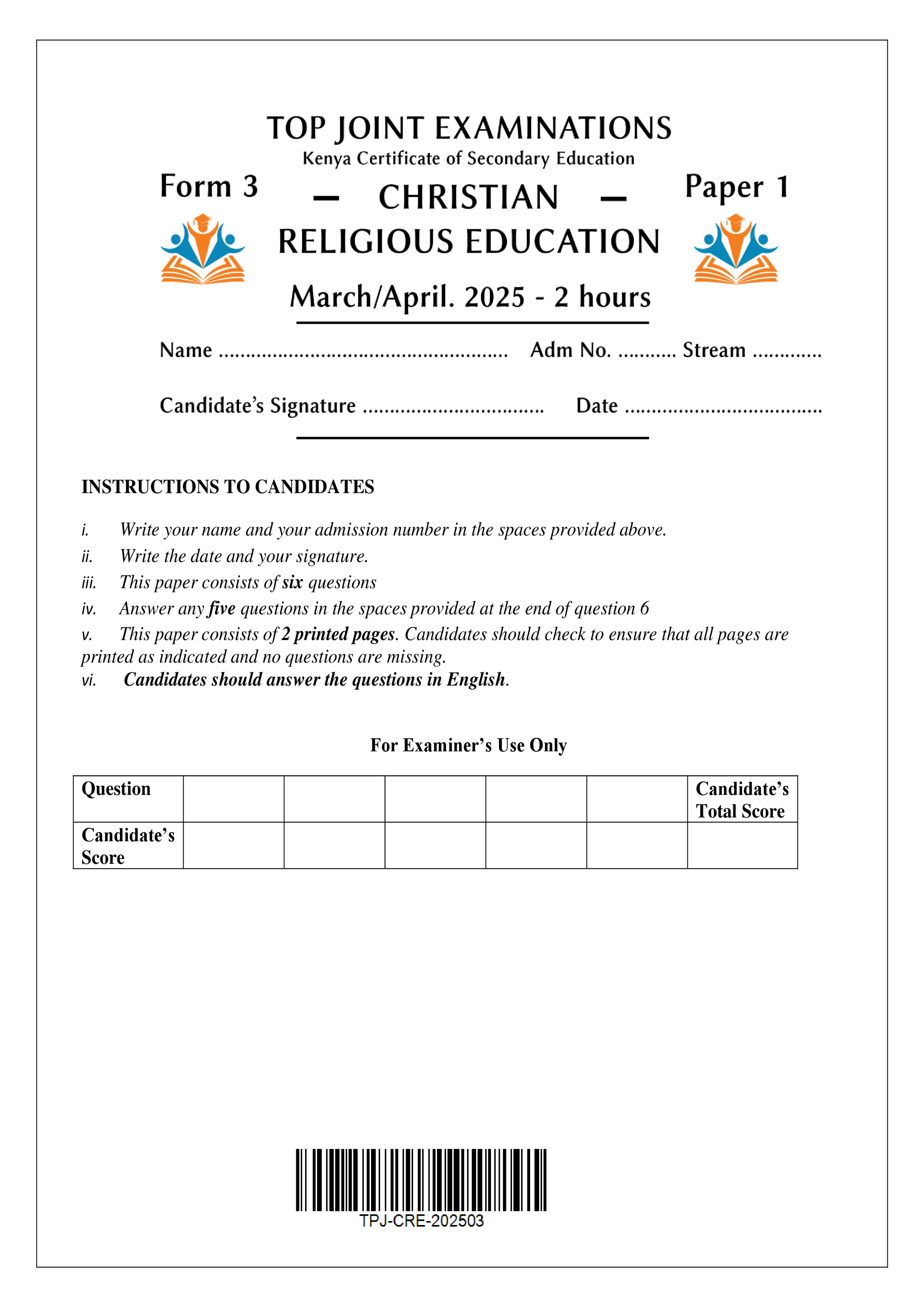 CRE FORM 3 PAPER 1 END TERM 1 2025