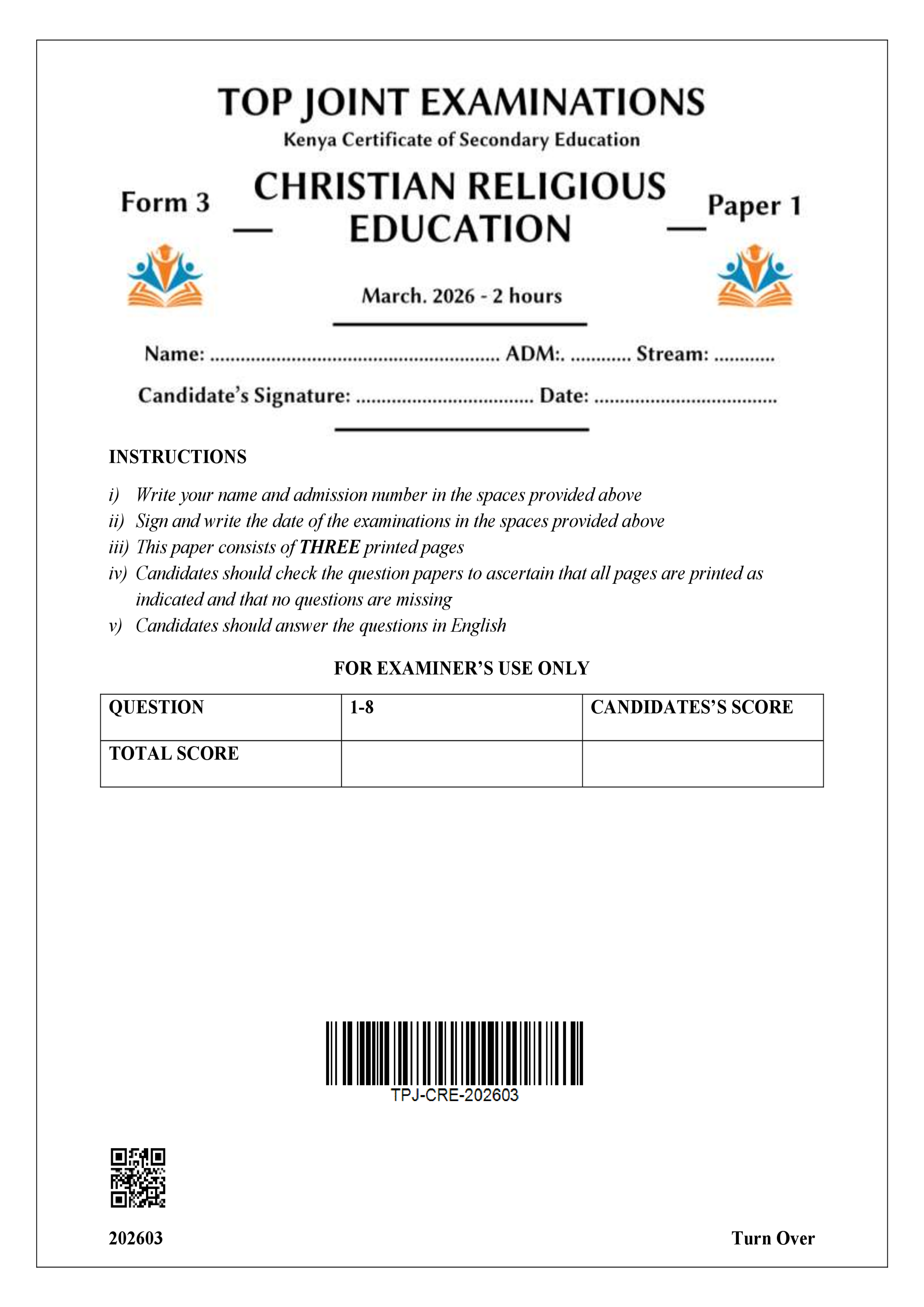 CRE FORM 3 PAPER 1 END TERM 1 2026