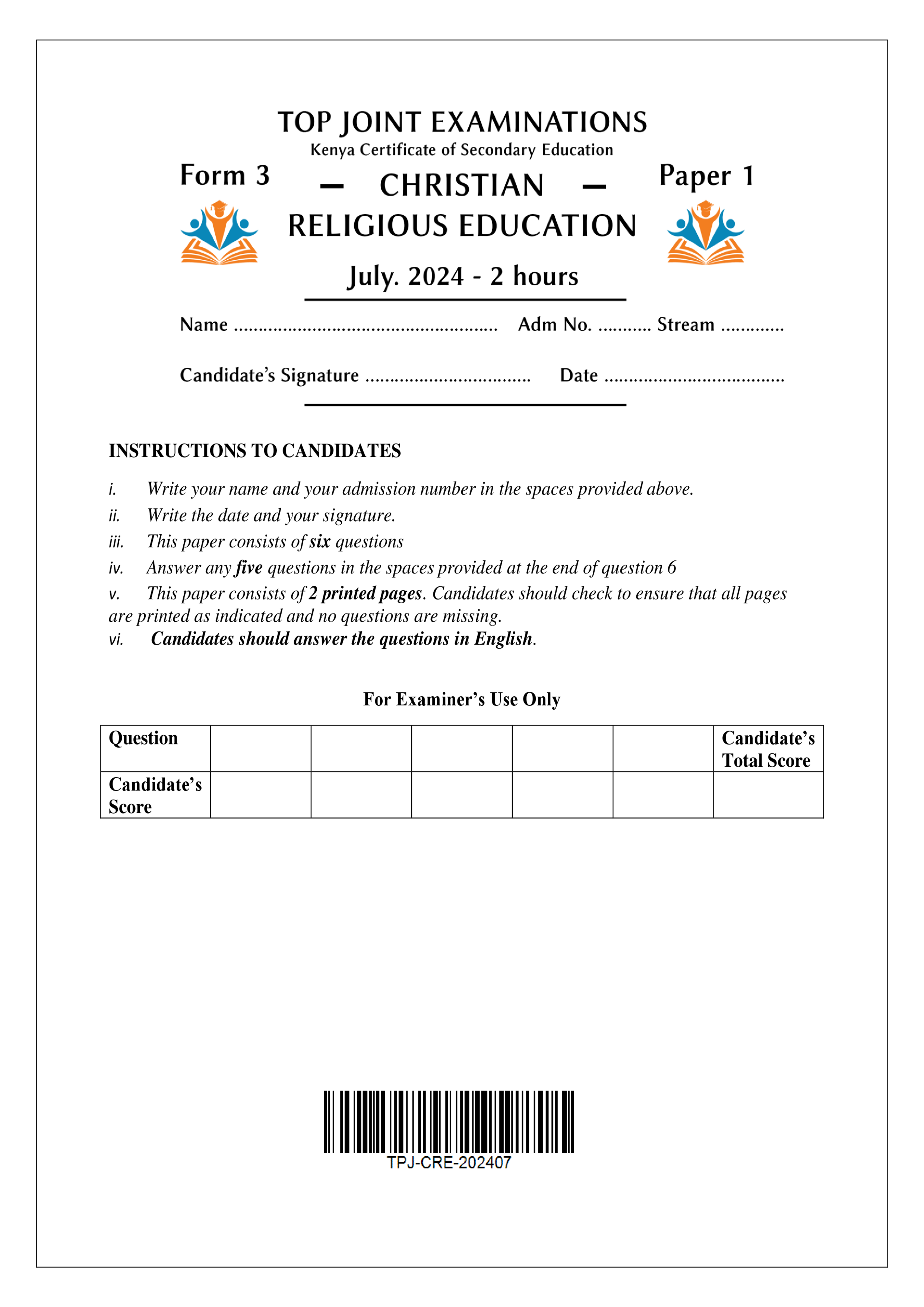 CRE FORM 3 PAPER 1 END TERM 2 2024