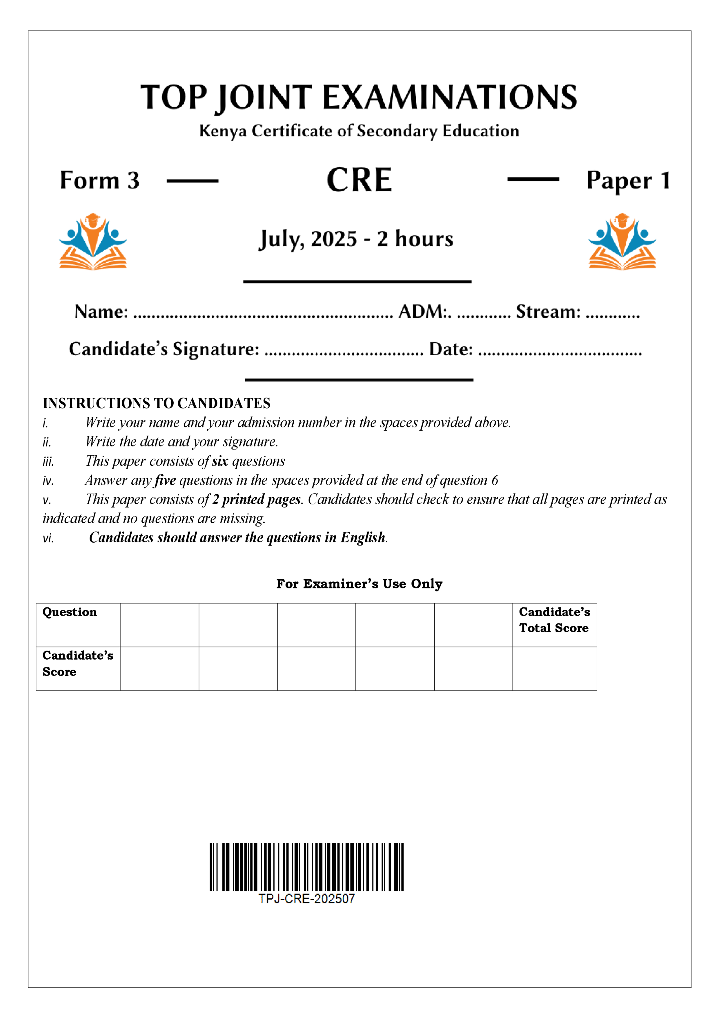 CRE FORM 3 PAPER 1 END TERM 2 2025