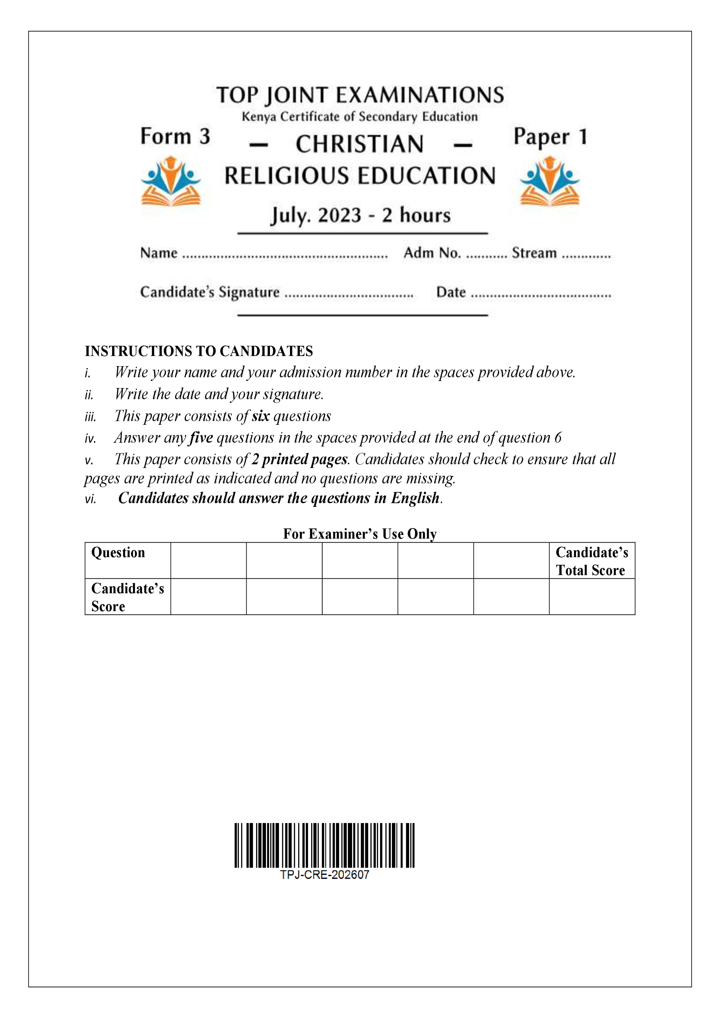 CRE FORM 3 PAPER 1 END TERM 2 2026