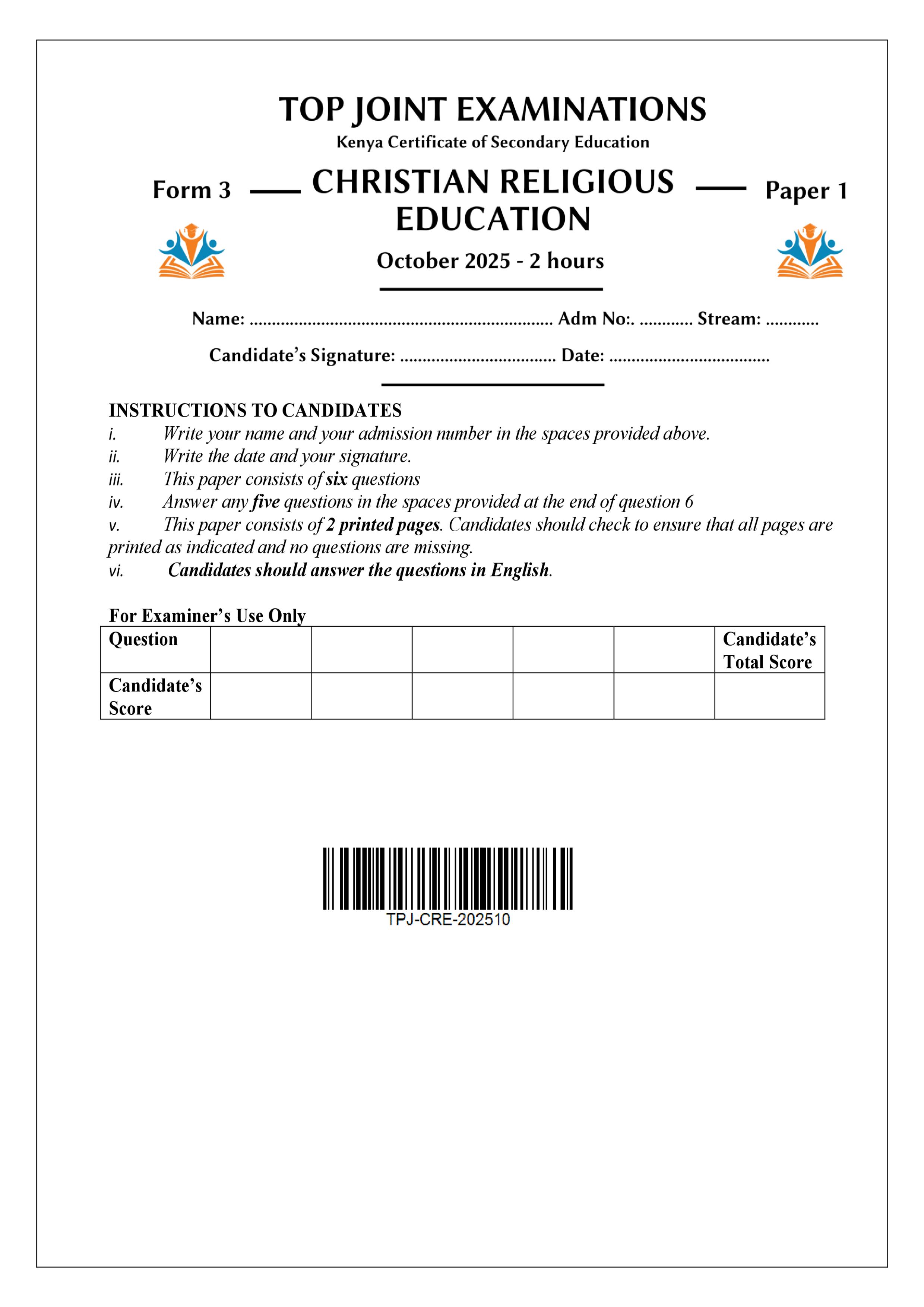 CRE FORM 3 PAPER 1 END TERM 3 2025