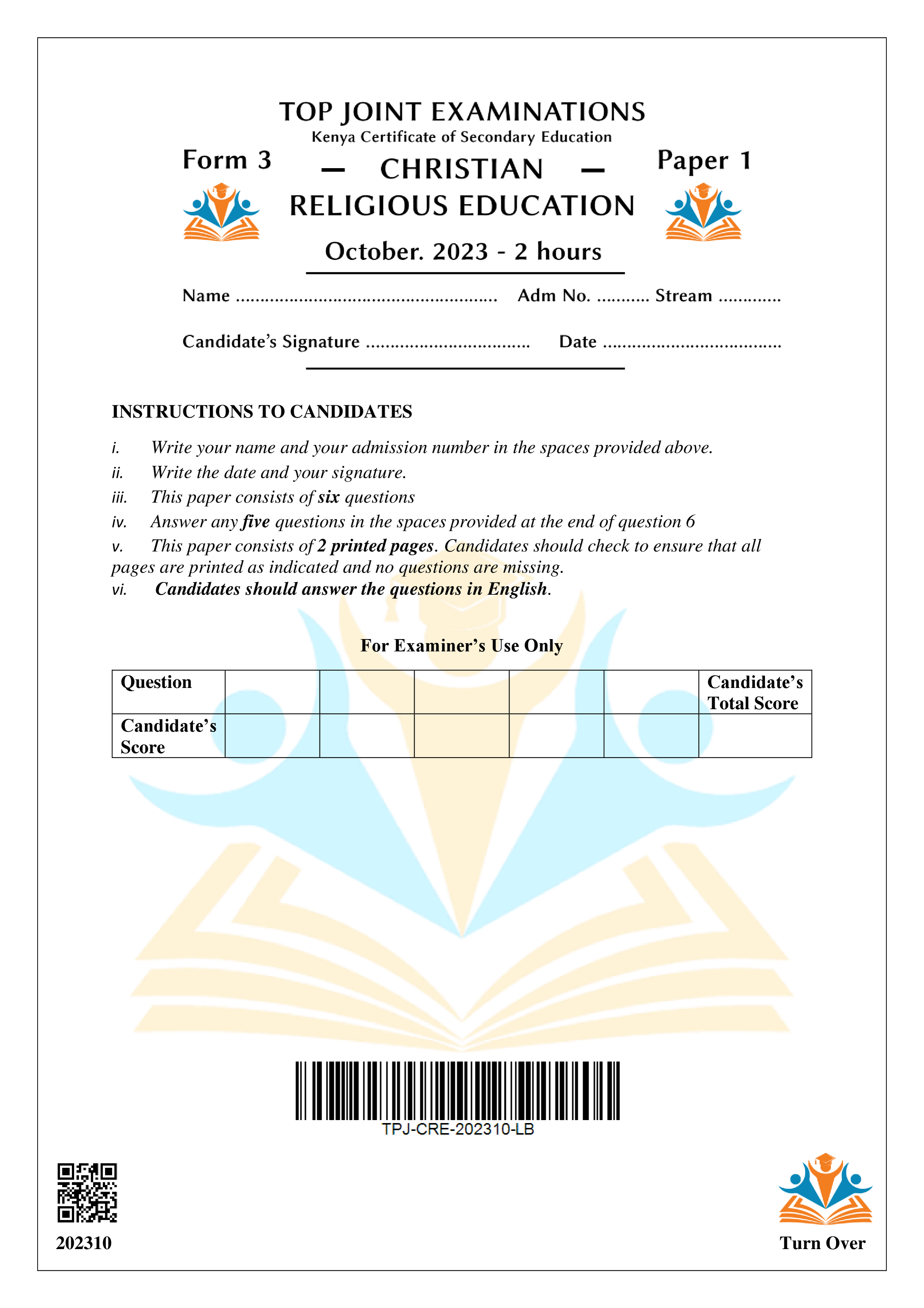 CRE FORM 3 PAPER 1 END TERM 3 2023