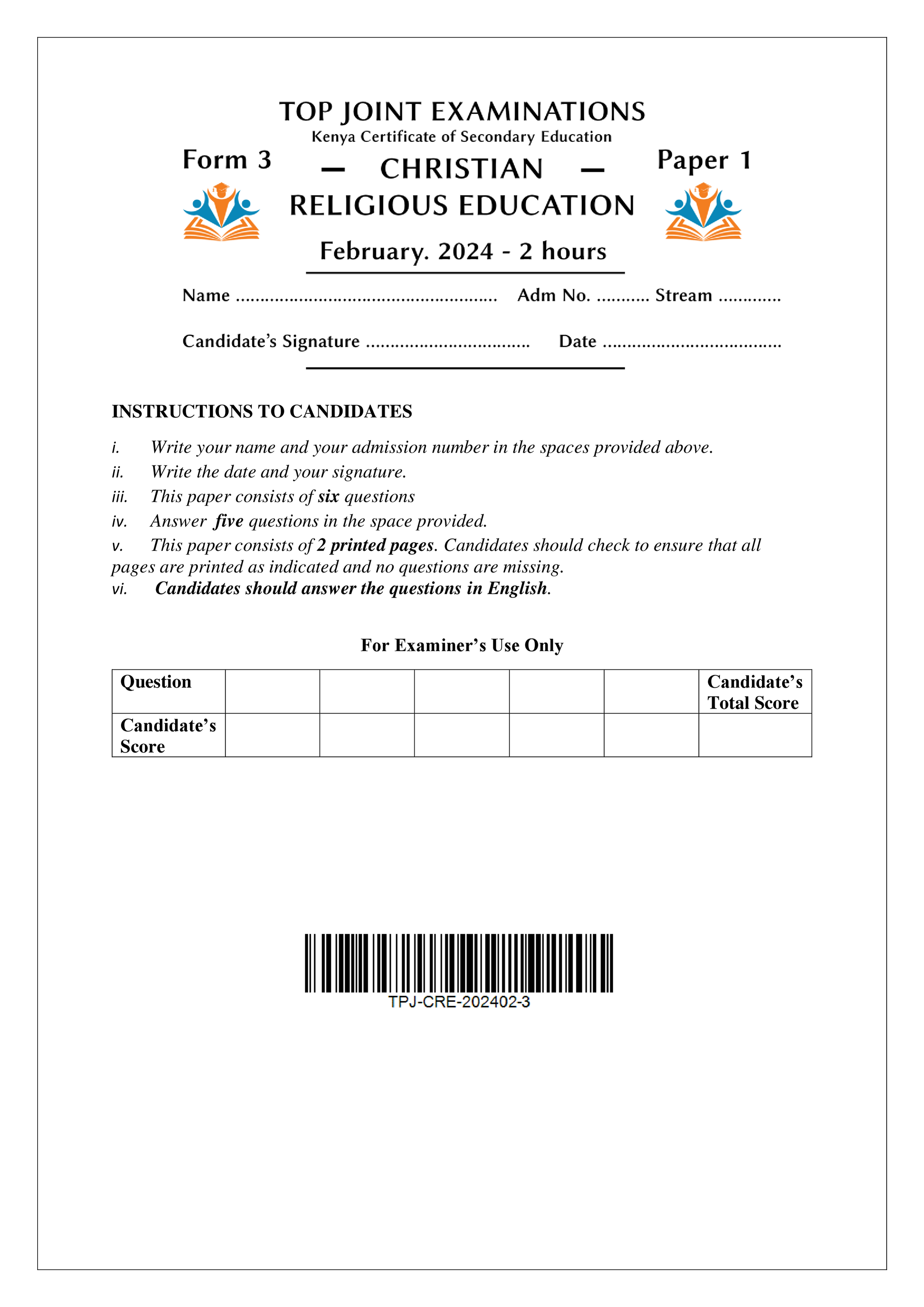 CRE FORM 3 PAPER 1 MID TERM 1 2024