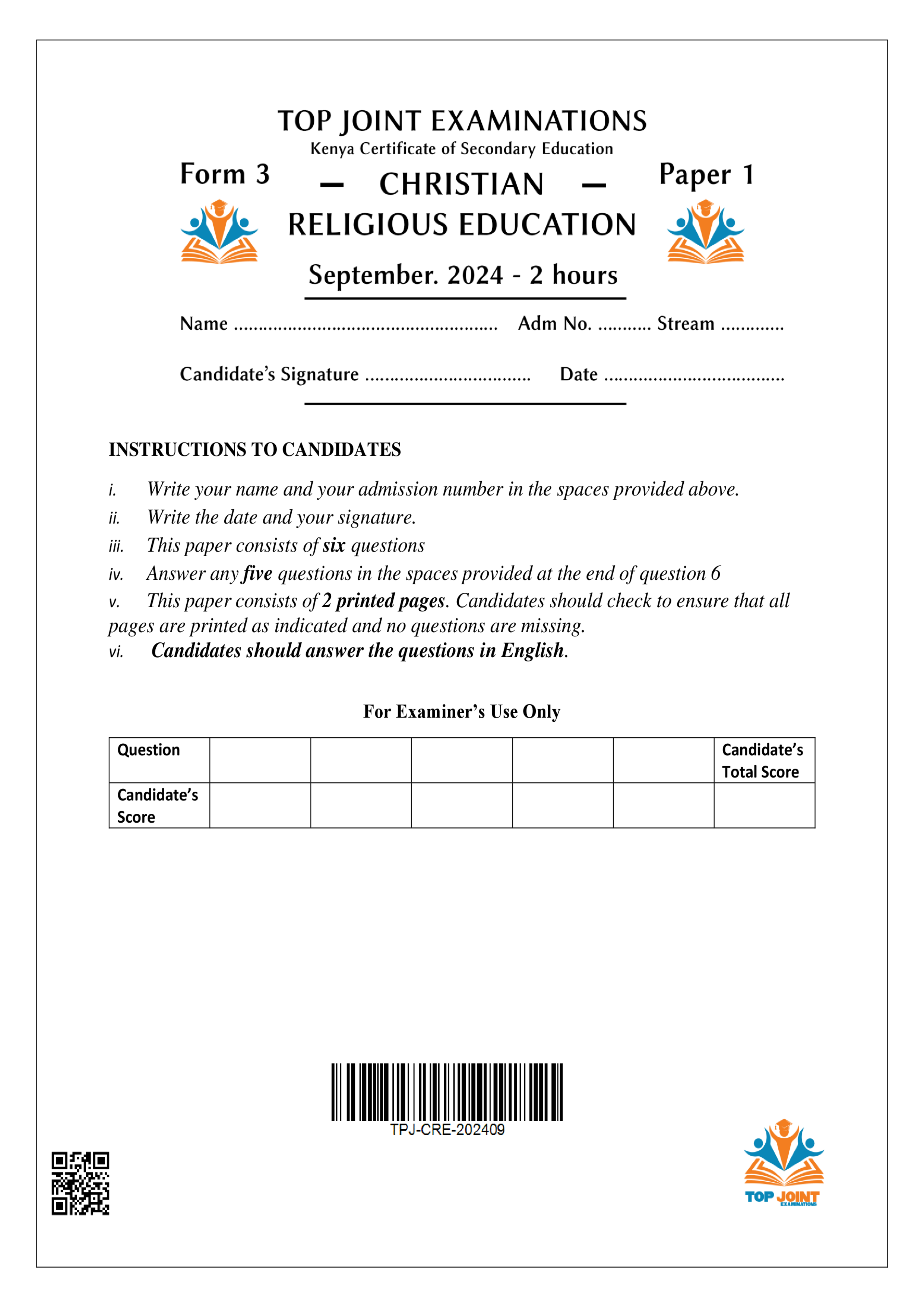 CRE FORM 3 PAPER 1 SERIES 1 TERM 3 2024