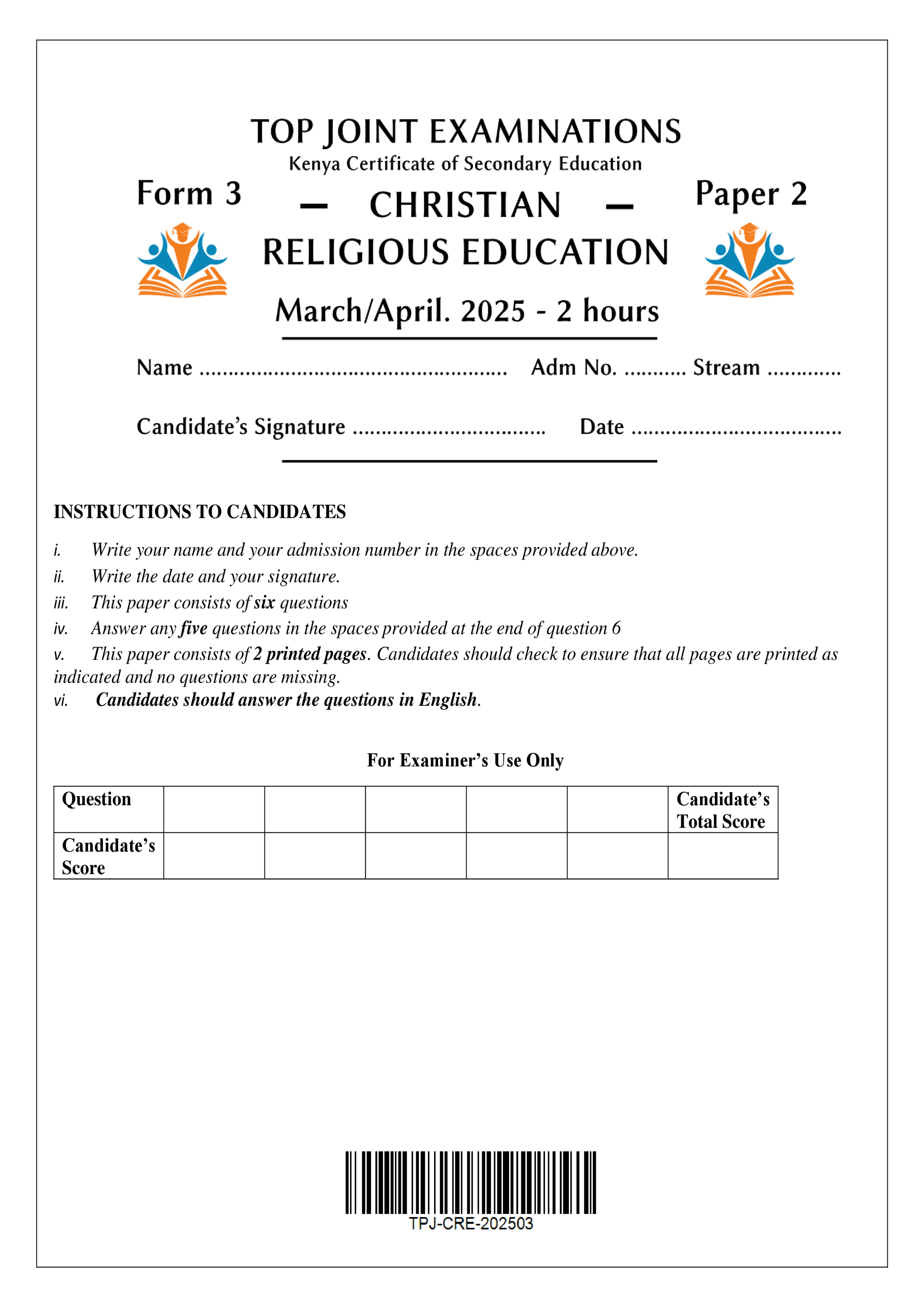 CRE FORM 3 PAPER 2 END TERM 1 2025