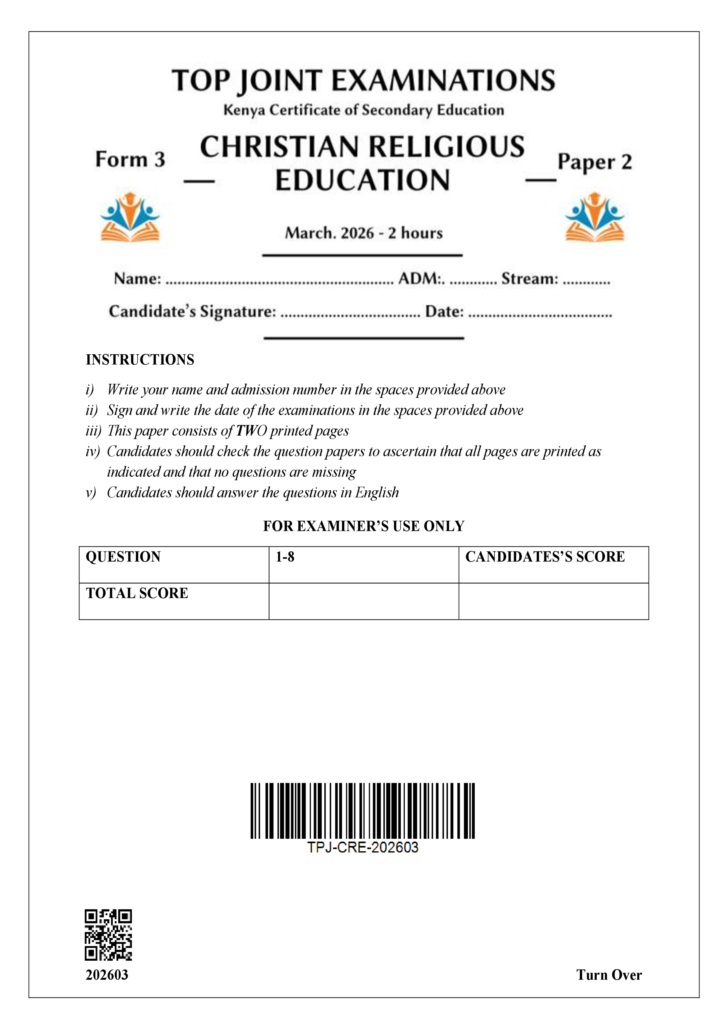 CRE FORM 3 PAPER 2 END TERM 1 2026