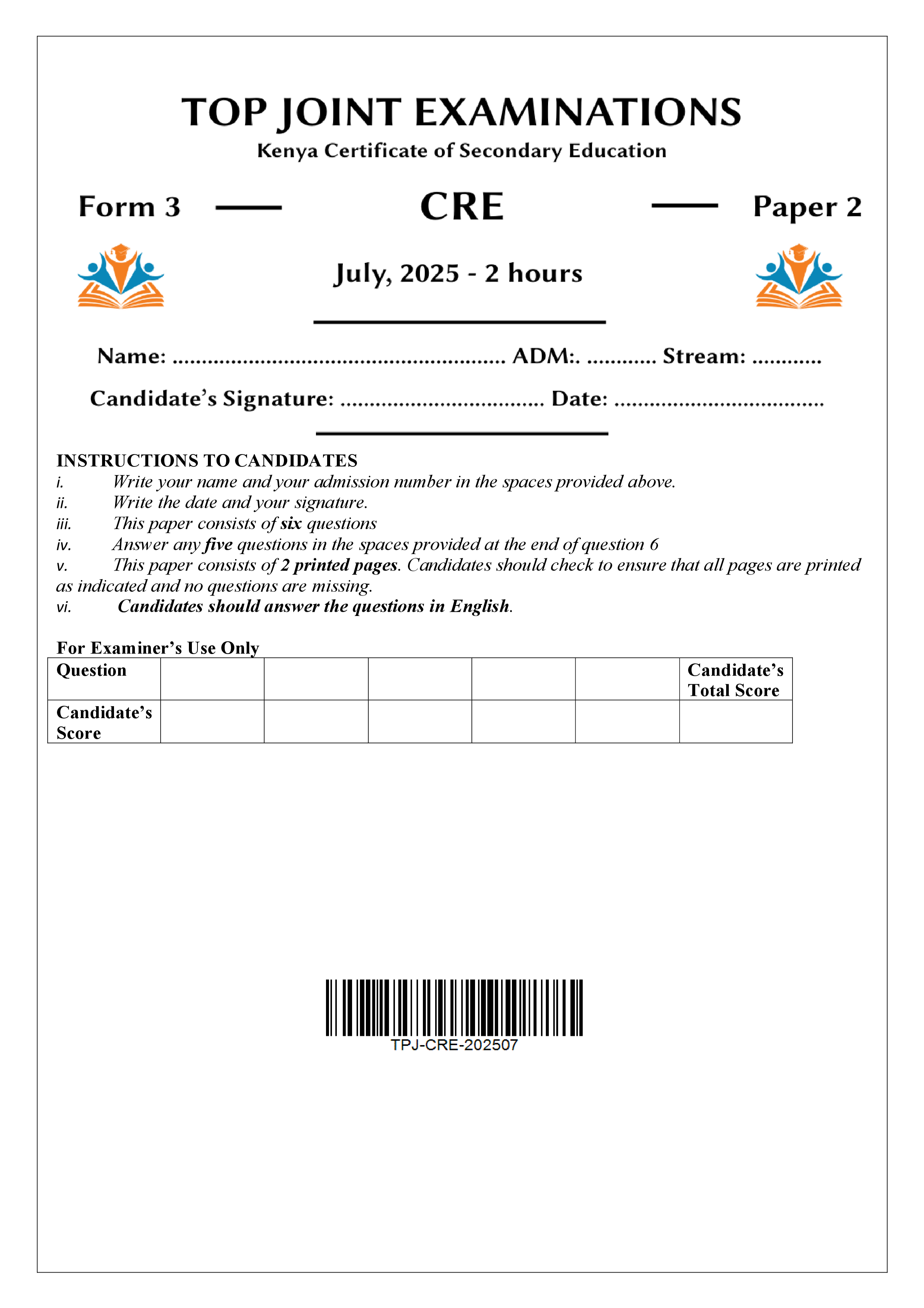 CRE FORM 3 PAPER 2 END TERM 2 2025