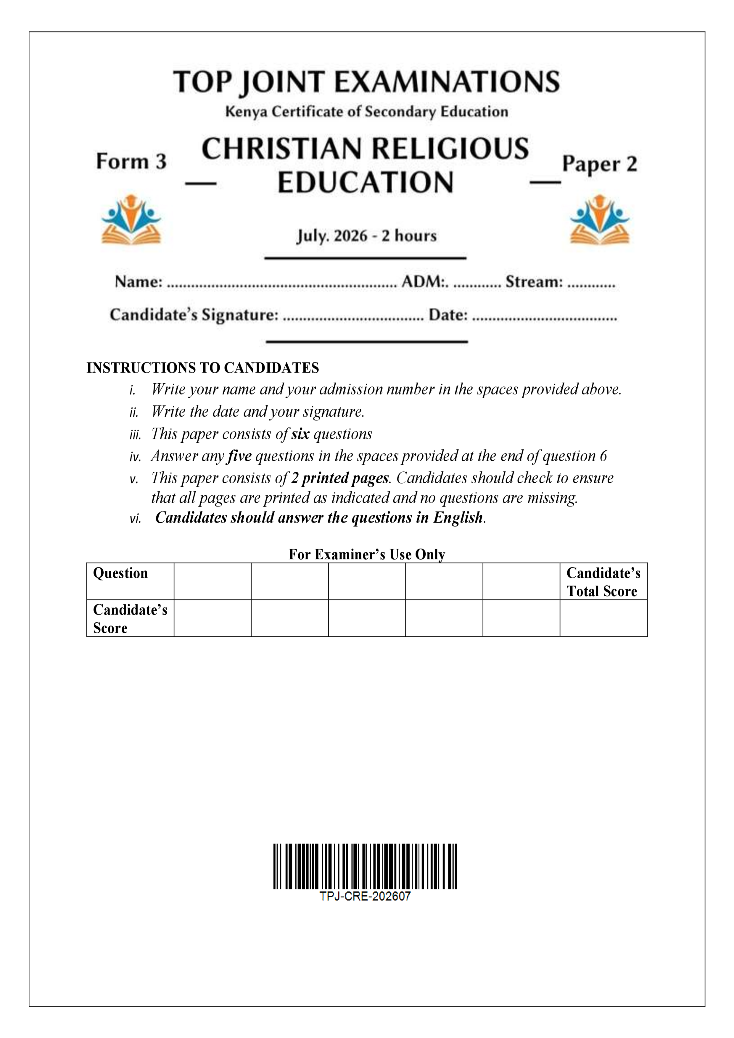 CRE FORM 3 PAPER 2 END TERM 2 2026