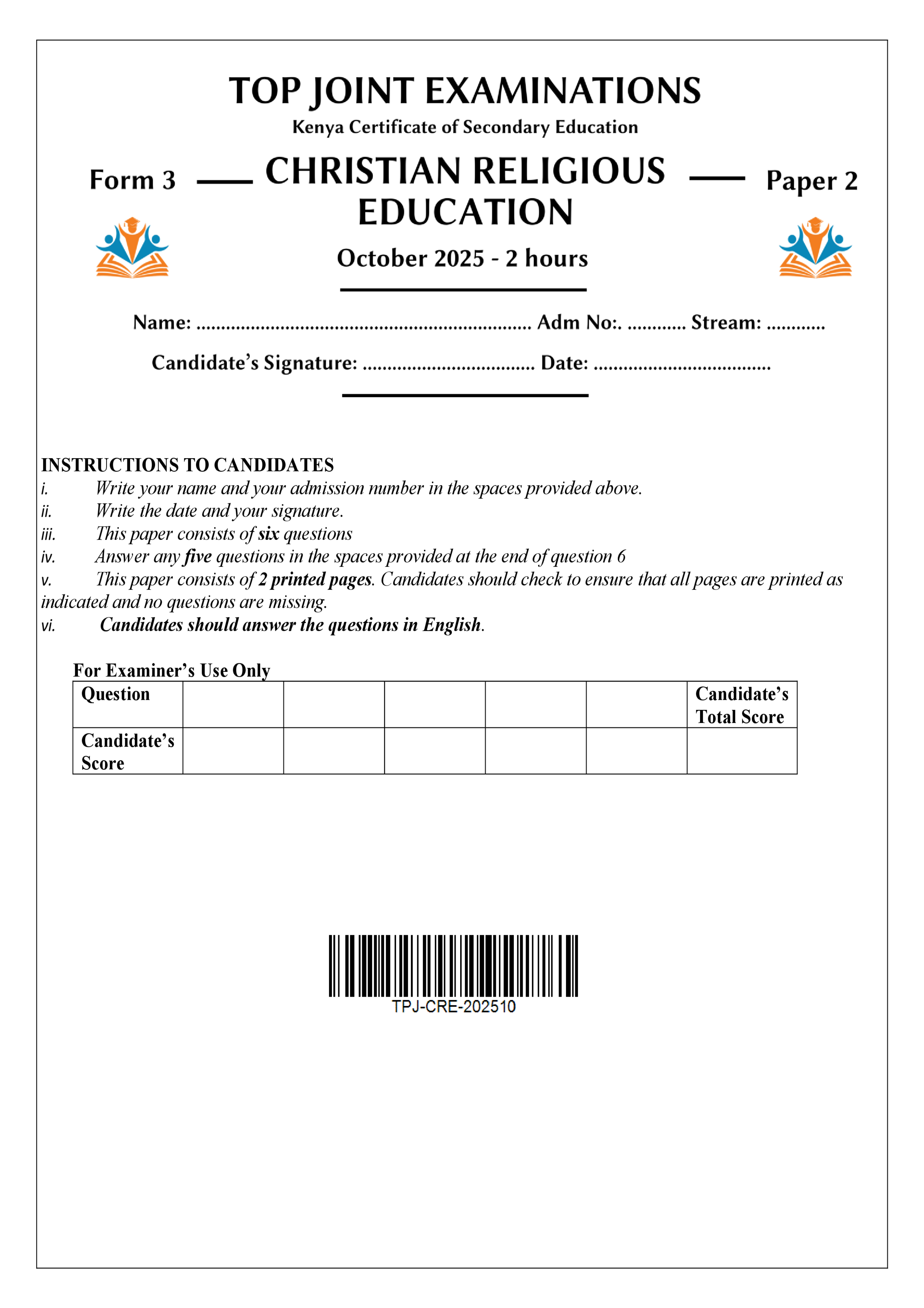 CRE FORM 3 PAPER 2 END TERM 3 2025