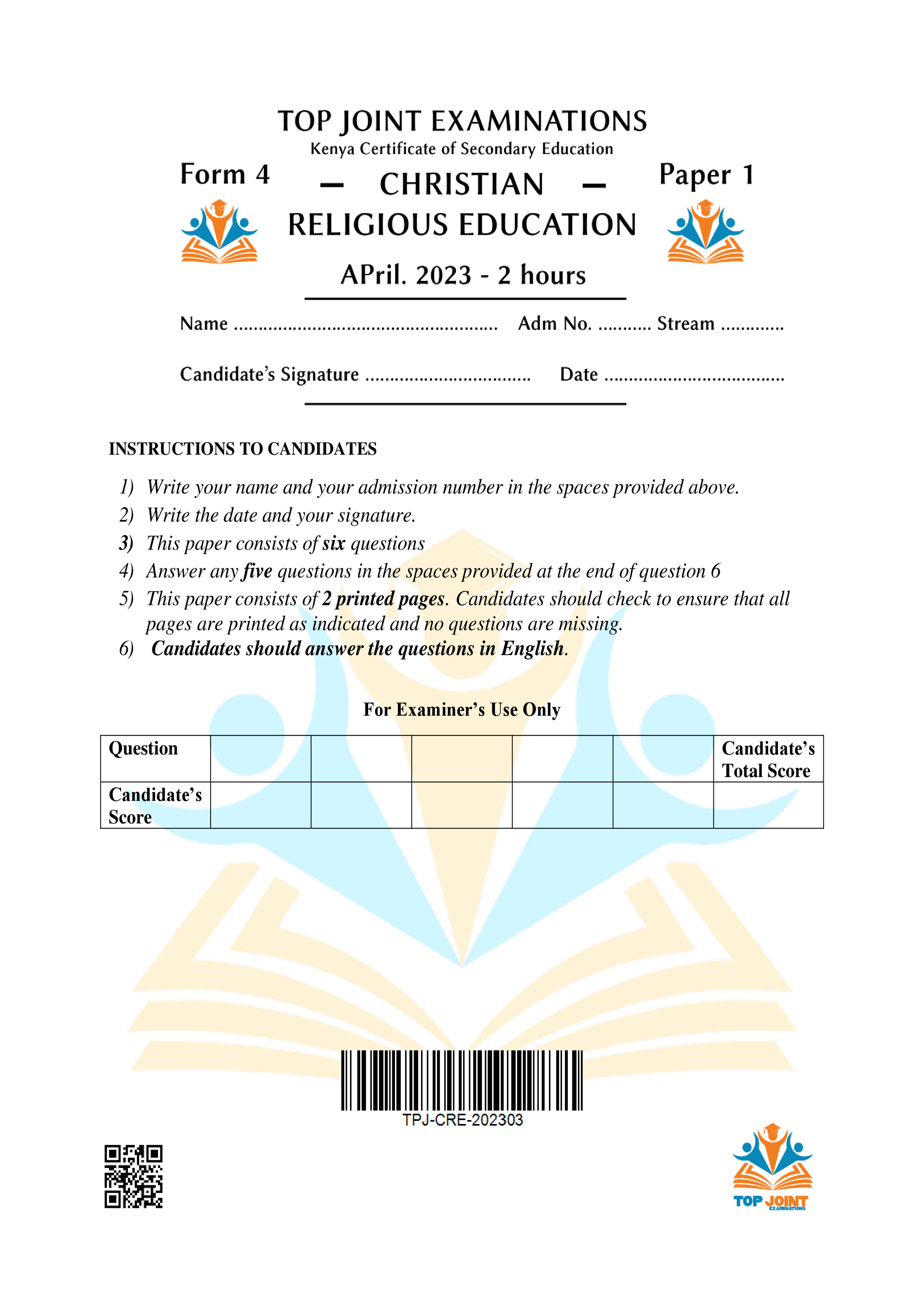 CRE FORM 4 PAPER 1 END TERM 1 2023