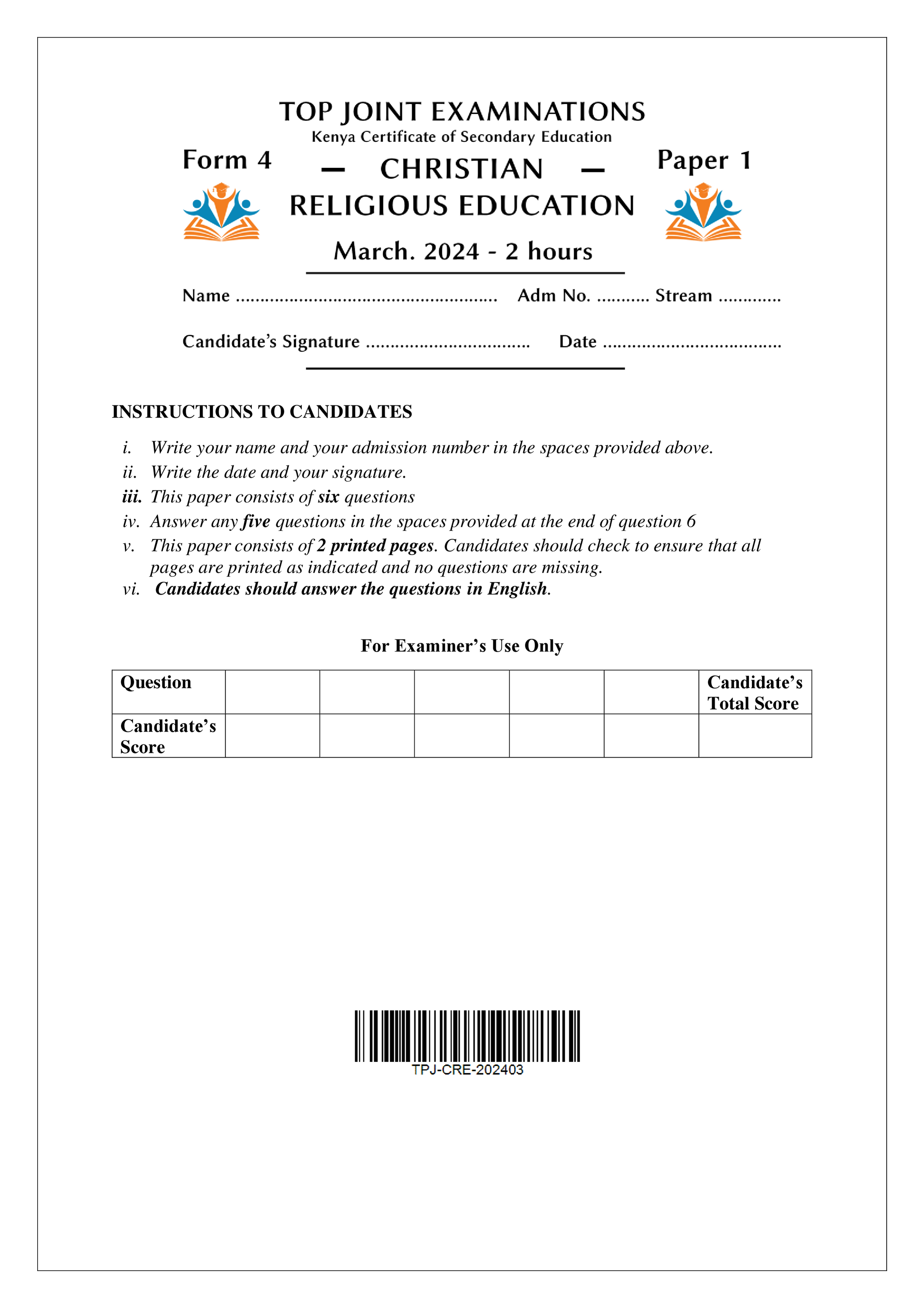 CRE FORM 4 PAPER 1 END TERM 1 2024