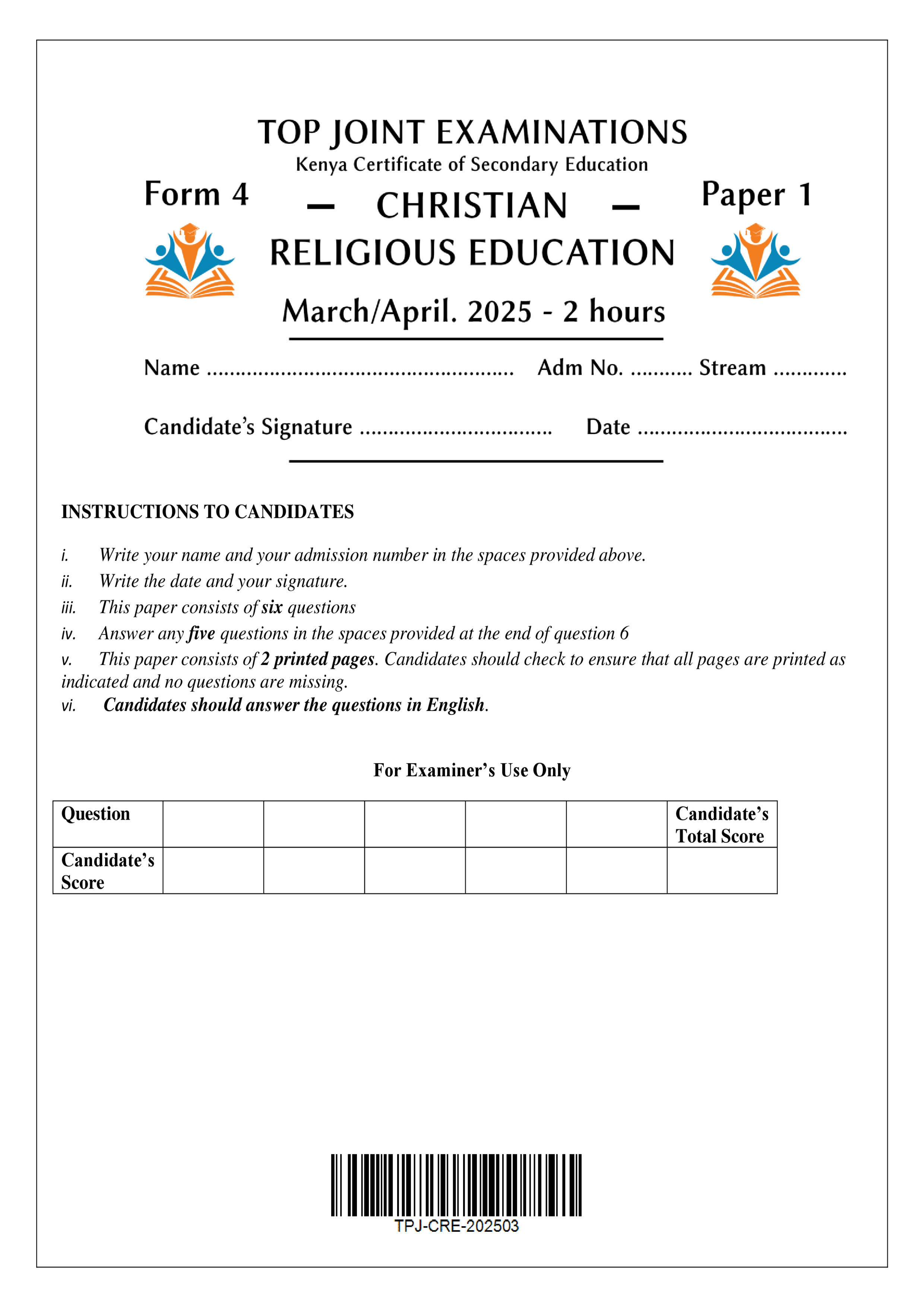 CRE FORM 4 PAPER 1 END TERM 1 2025