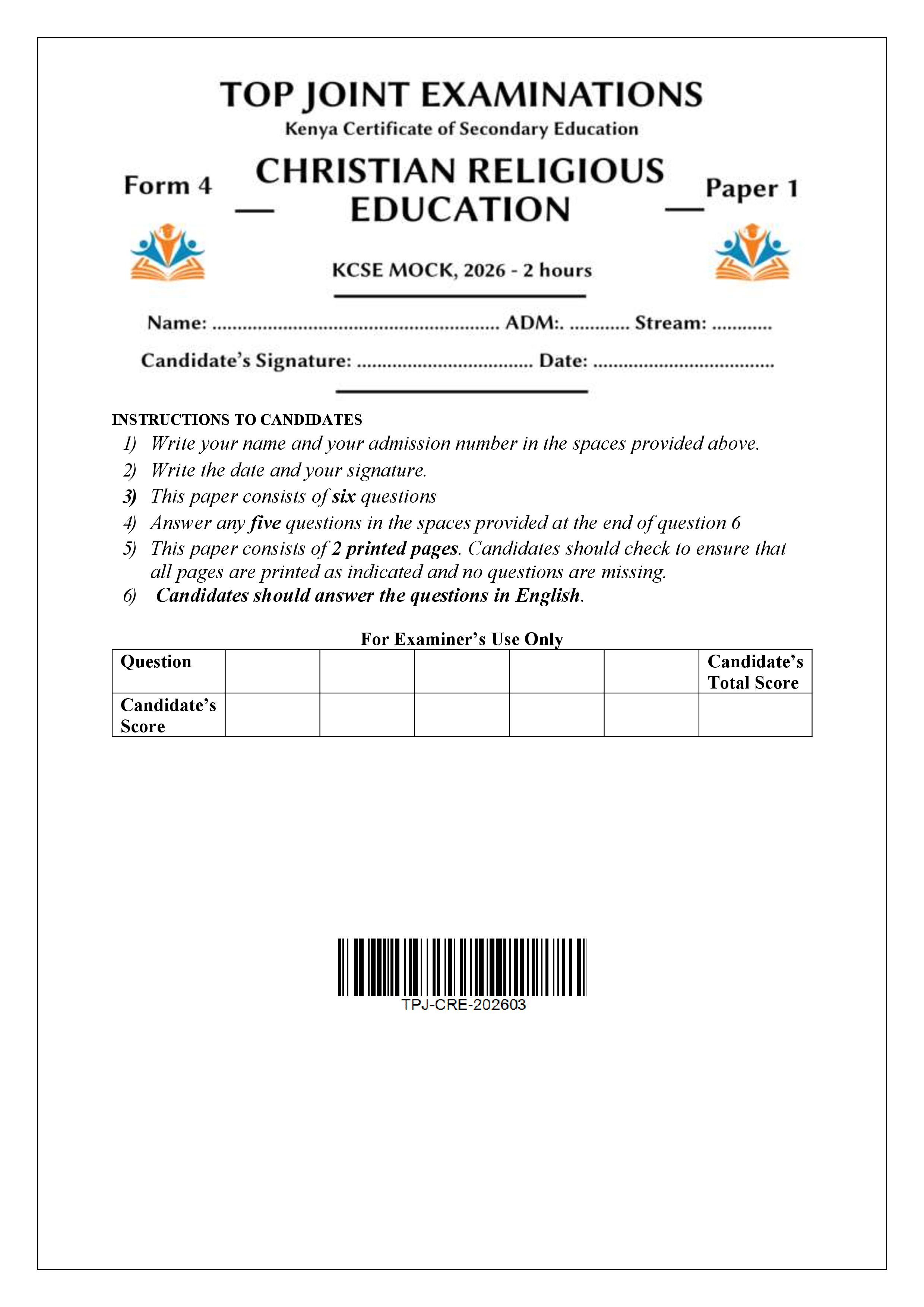 CRE FORM 4 PAPER 1 END TERM 1 2026