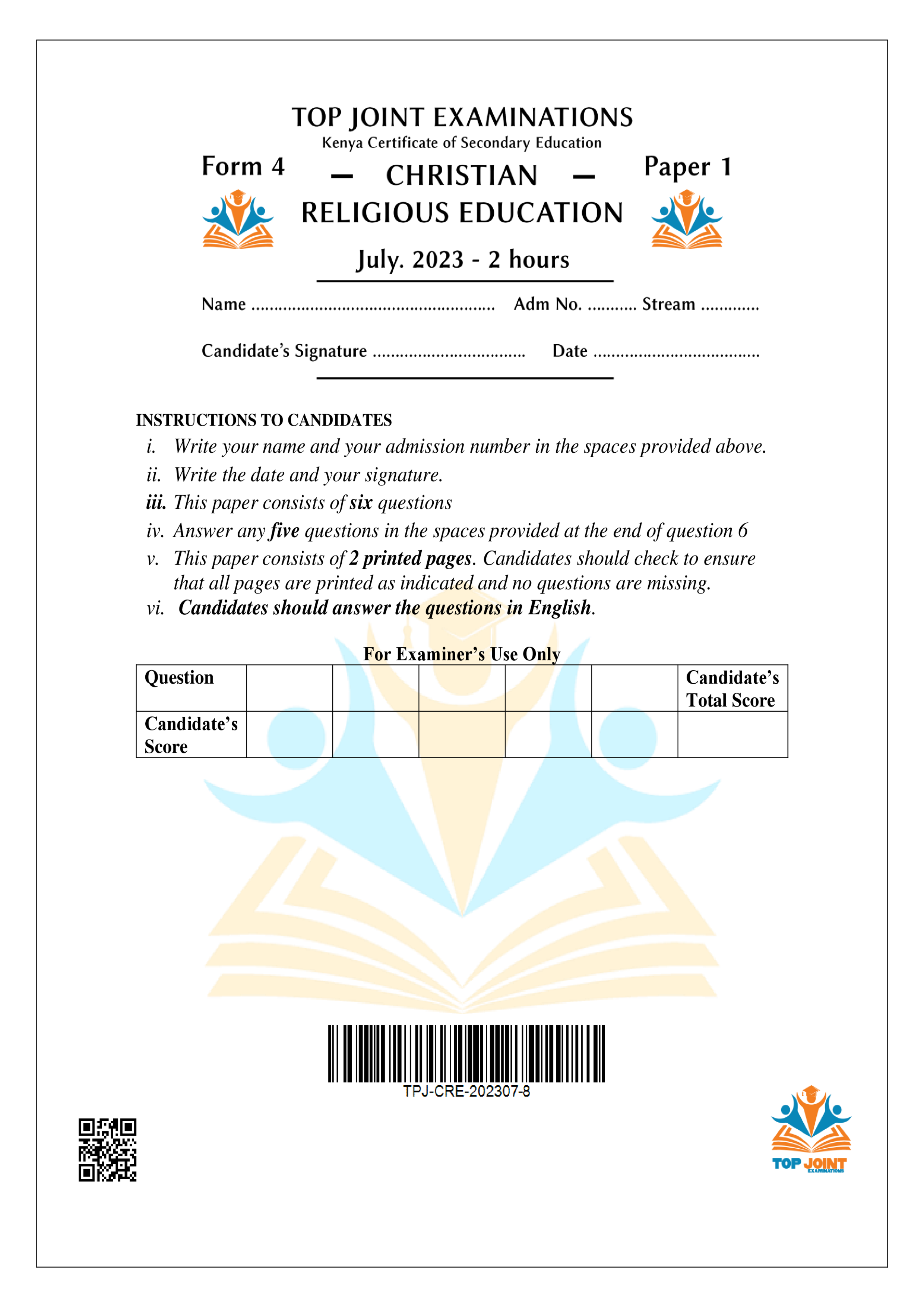 CRE FORM 4 PAPER 1 KCSE MOCK 2023