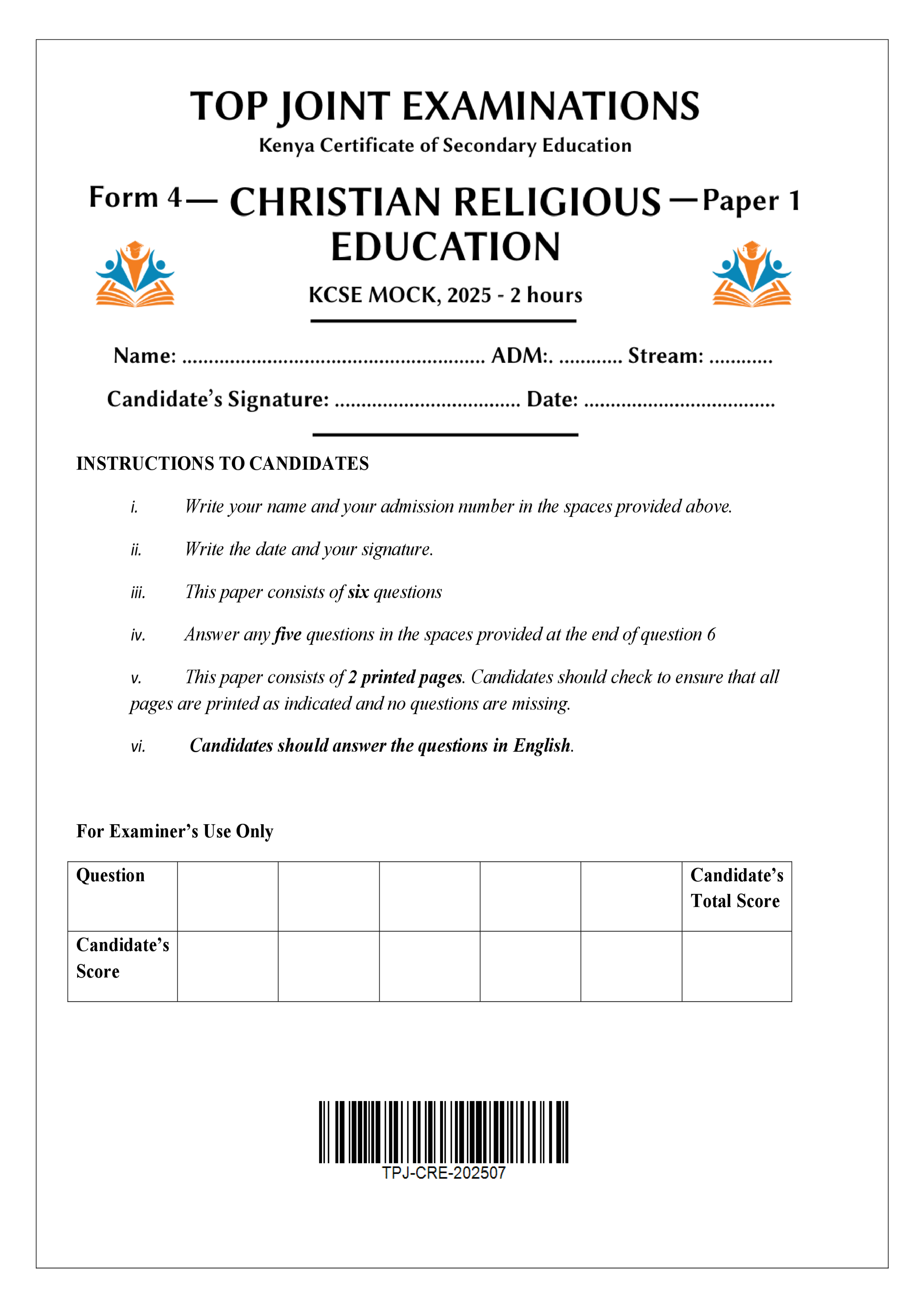 CRE FORM 4 PAPER 1 MOCK 2025