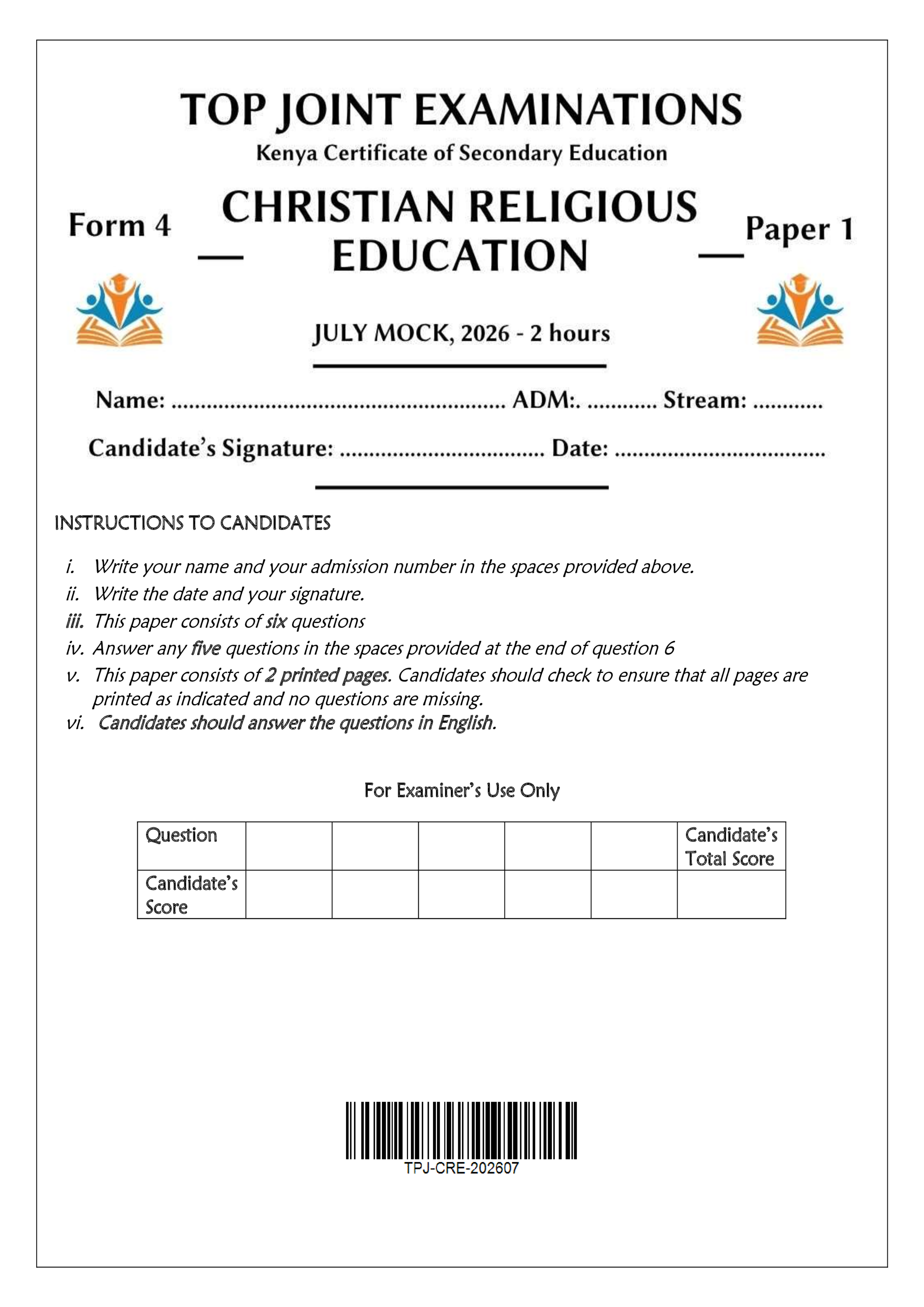 CRE FORM 4 PAPER 1 END TERM 2 2026