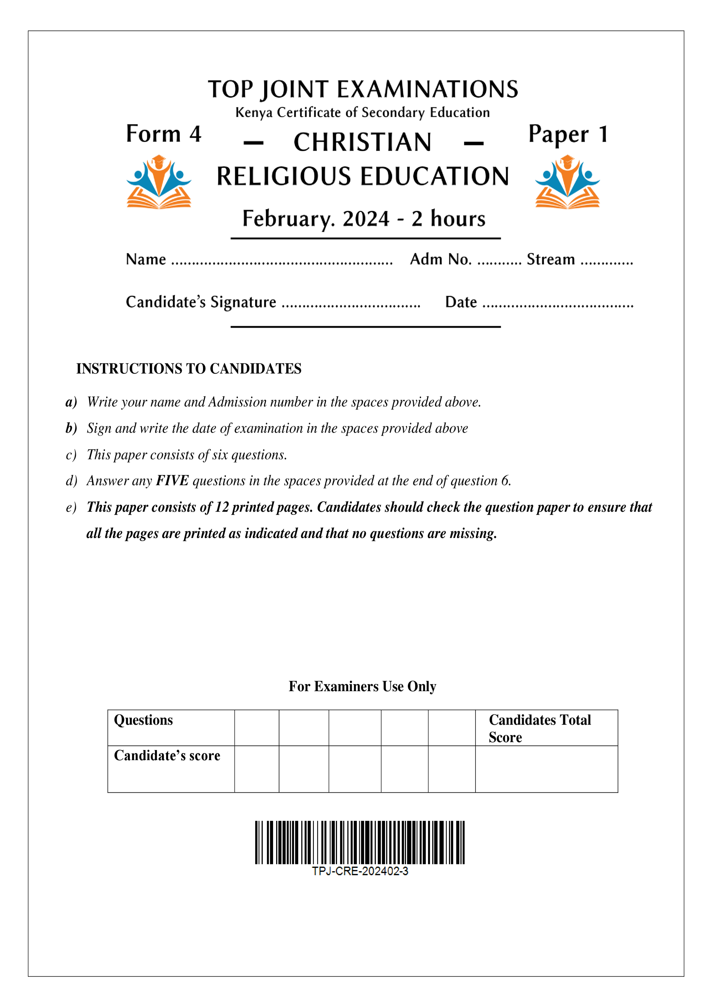 CRE FORM 4 PAPER 1 MID TERM 1 2024