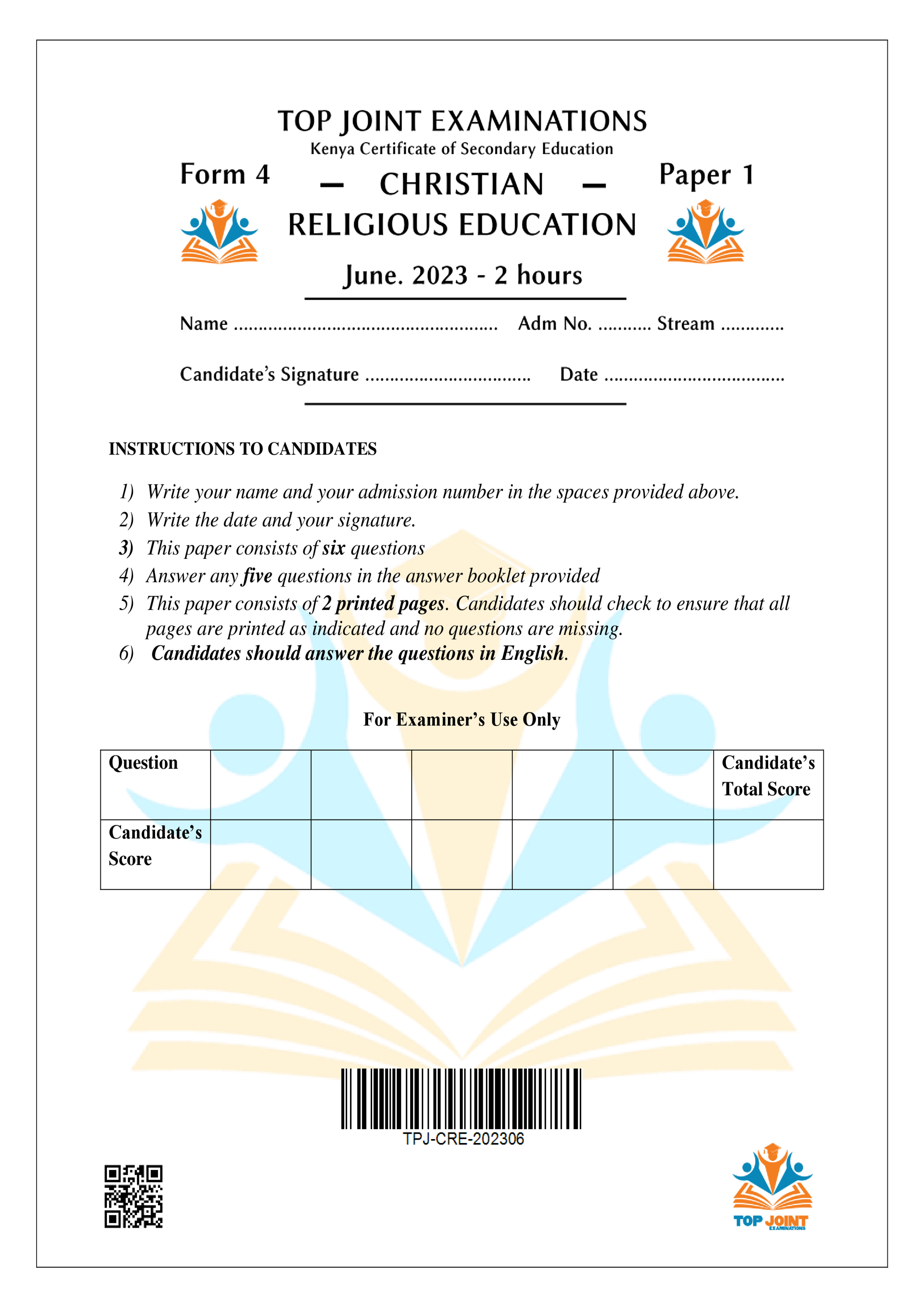 CRE FORM 4 PAPER 1 MID TERM 2 2023