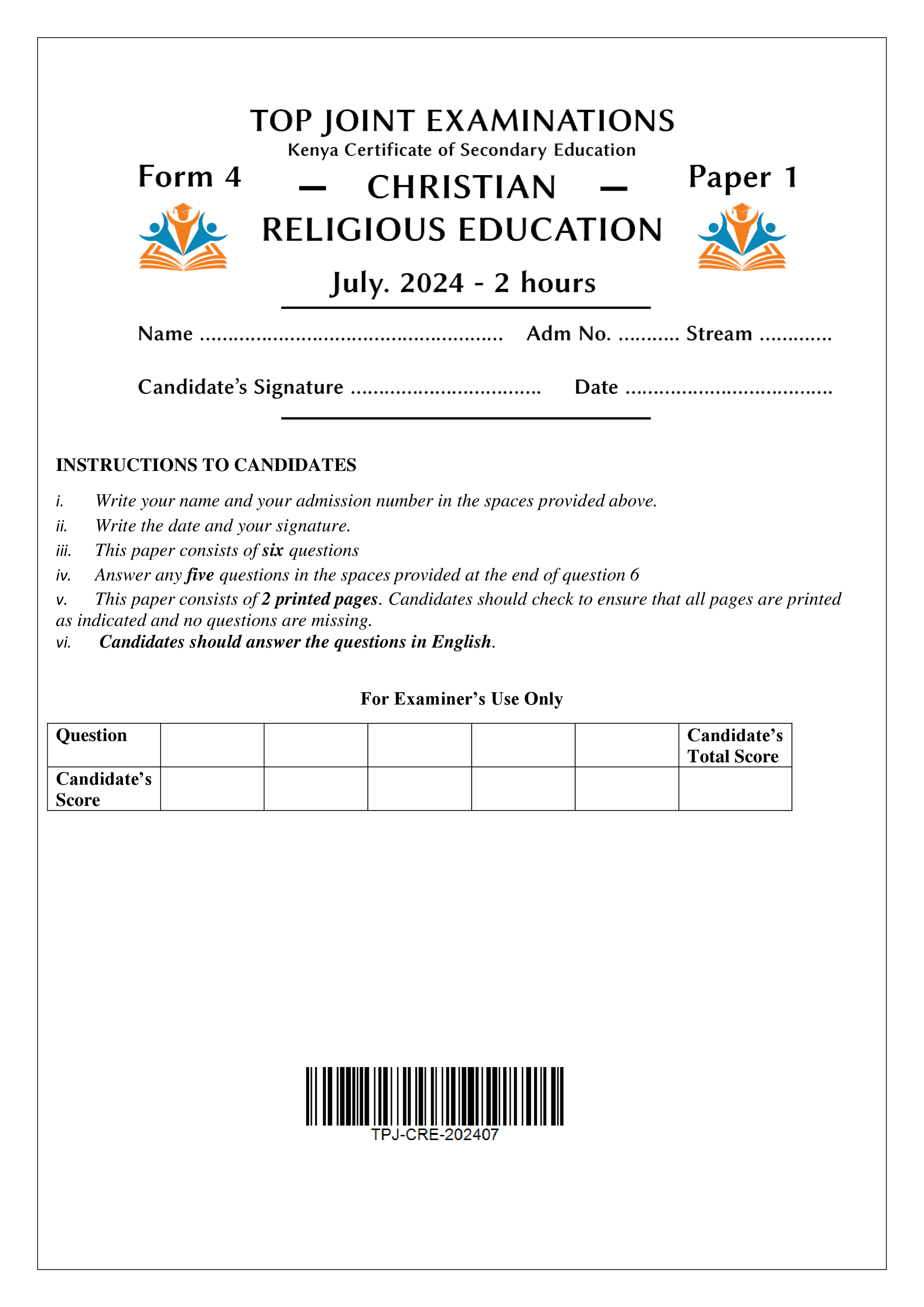 CRE FORM 4 PAPER 1 KCSE MOCK 2024