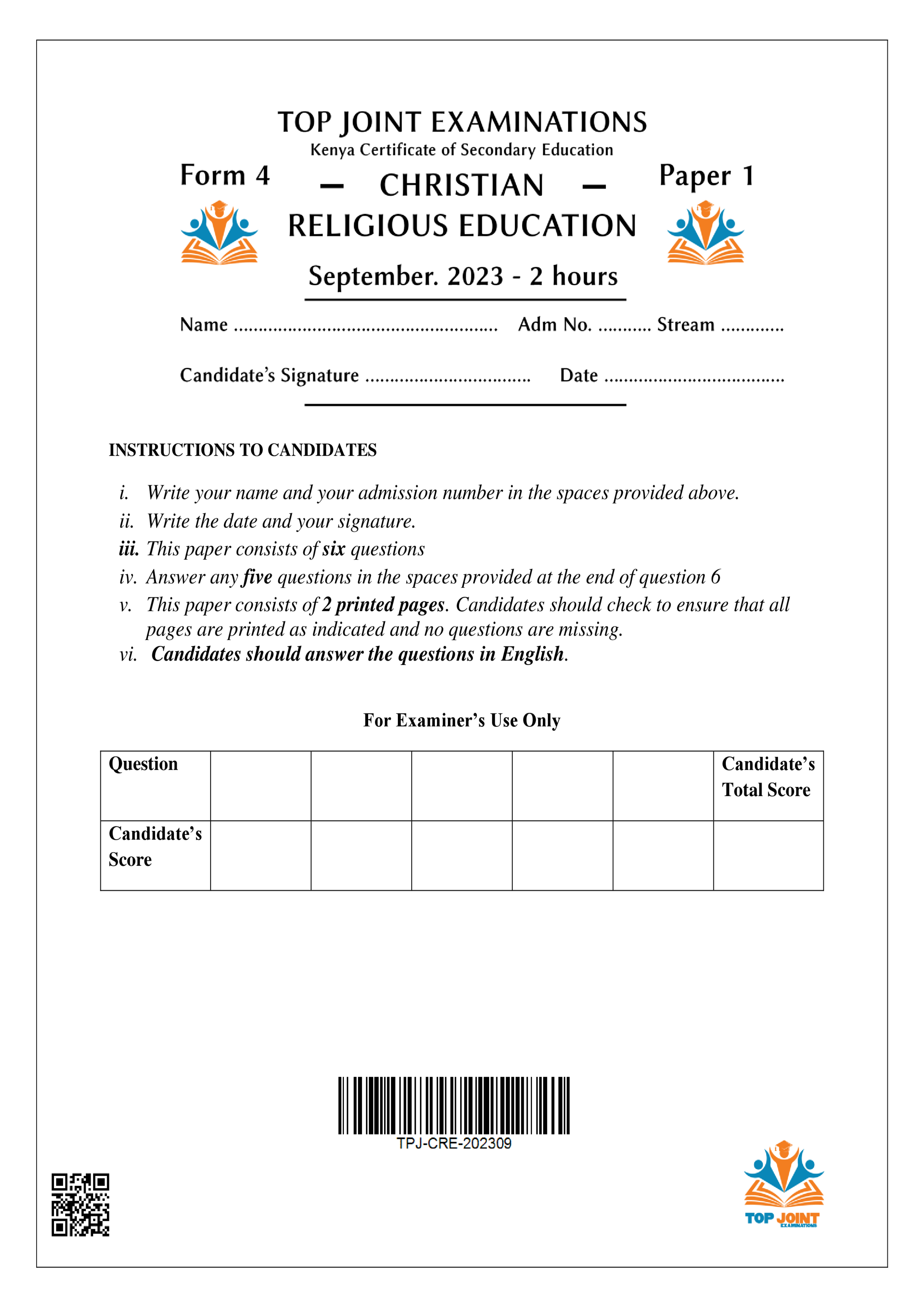 CRE FORM 4 PAPER 1 OPENER TERM 3 2023